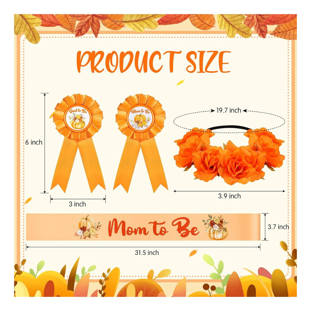 Fall Baby Shower Decorations Pumpkin Mom to Be Sash and Dad to Be Pin Flower Crown Orange Mommy Sash Set for Gender Reveals Party Shower Party Favors for Boys Girls Pregnancy Props Gift