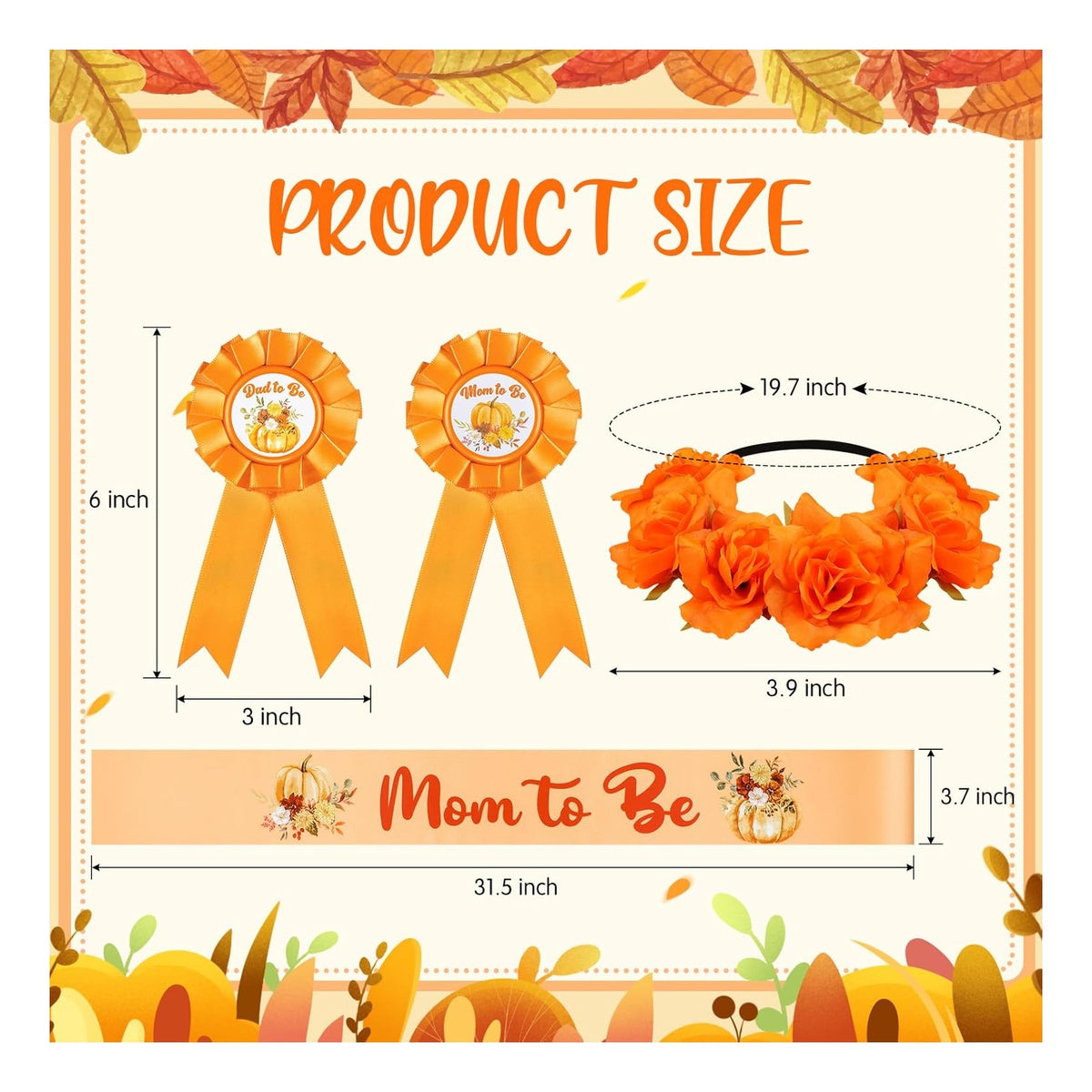 Fall Baby Shower Decorations Pumpkin Mom to Be Sash and Dad to Be Pin Flower Crown Orange Mommy Sash Set for Gender Reveals Party Shower Party Favors for Boys Girls Pregnancy Props Gift