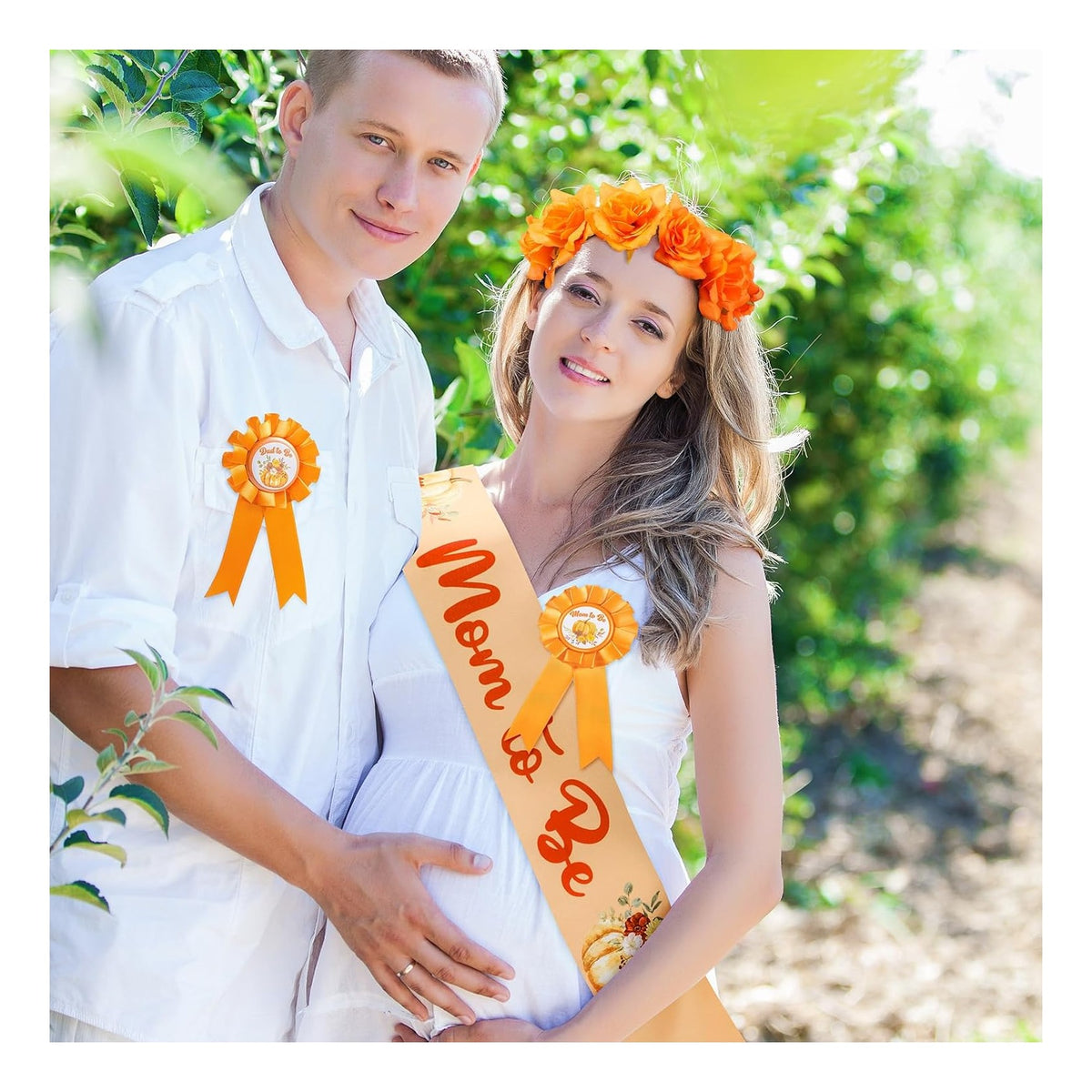 Fall Baby Shower Decorations Pumpkin Mom to Be Sash and Dad to Be Pin Flower Crown Orange Mommy Sash Set for Gender Reveals Party Shower Party Favors for Boys Girls Pregnancy Props Gift
