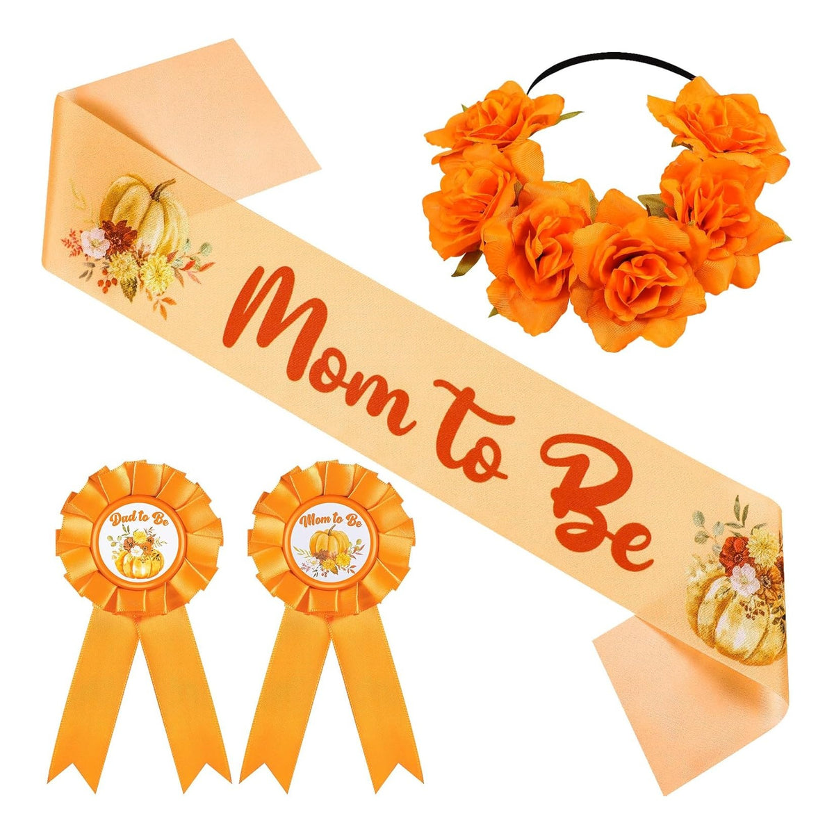 Fall Baby Shower Decorations Pumpkin Mom to Be Sash and Dad to Be Pin Flower Crown Orange Mommy Sash Set for Gender Reveals Party Shower Party Favors for Boys Girls Pregnancy Props Gift