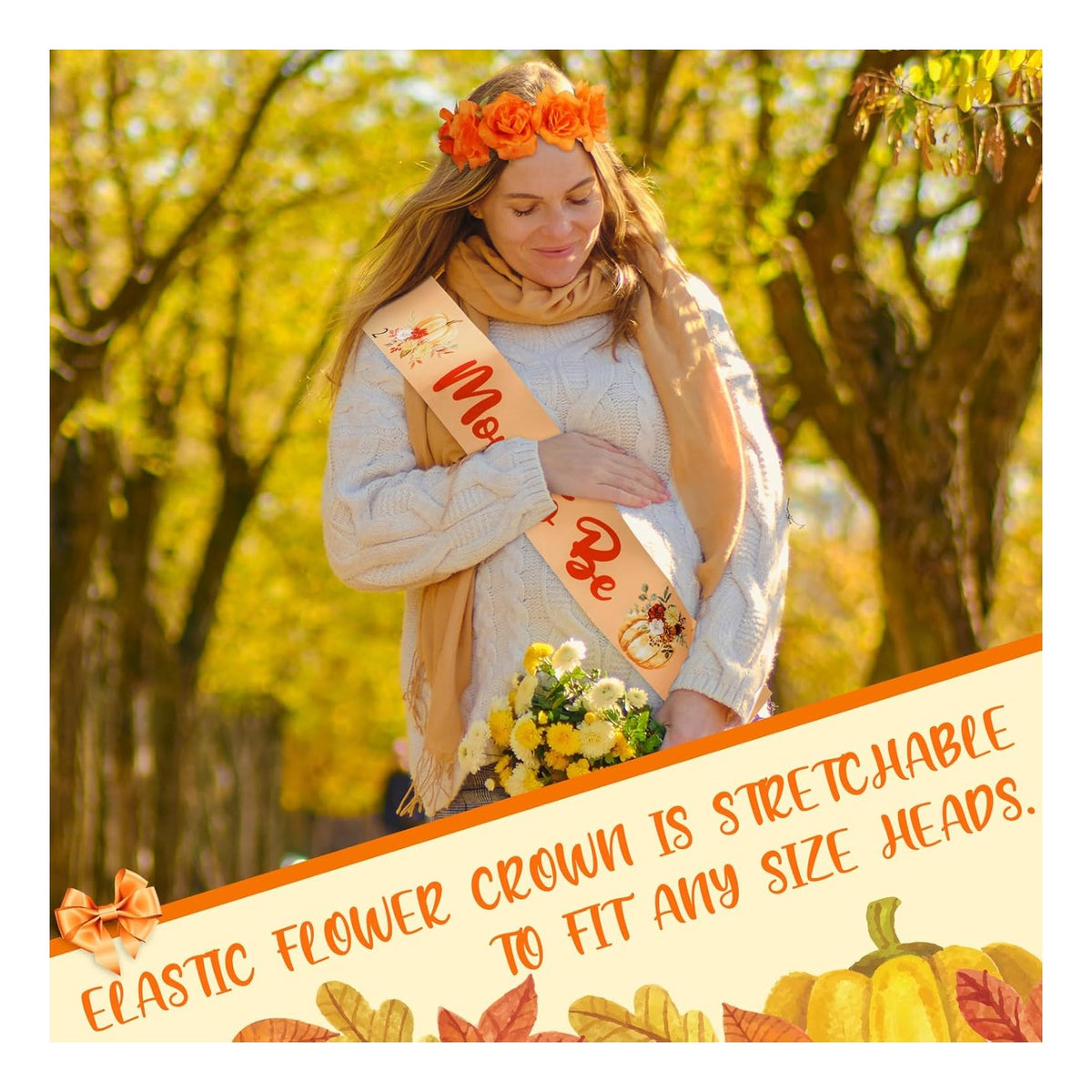 Fall Baby Shower Decorations Pumpkin Mom to Be Sash and Dad to Be Pin Flower Crown Orange Mommy Sash Set for Gender Reveals Party Shower Party Favors for Boys Girls Pregnancy Props Gift