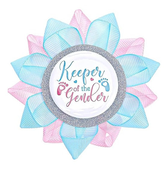 Keeper of the Gender Botton Pin, Gender Reveal Party Decorations Boy or Girl Button Pins Light Blue and Pink Ribbon Pinback Buttons for Baby Shower Party Decor Supplies