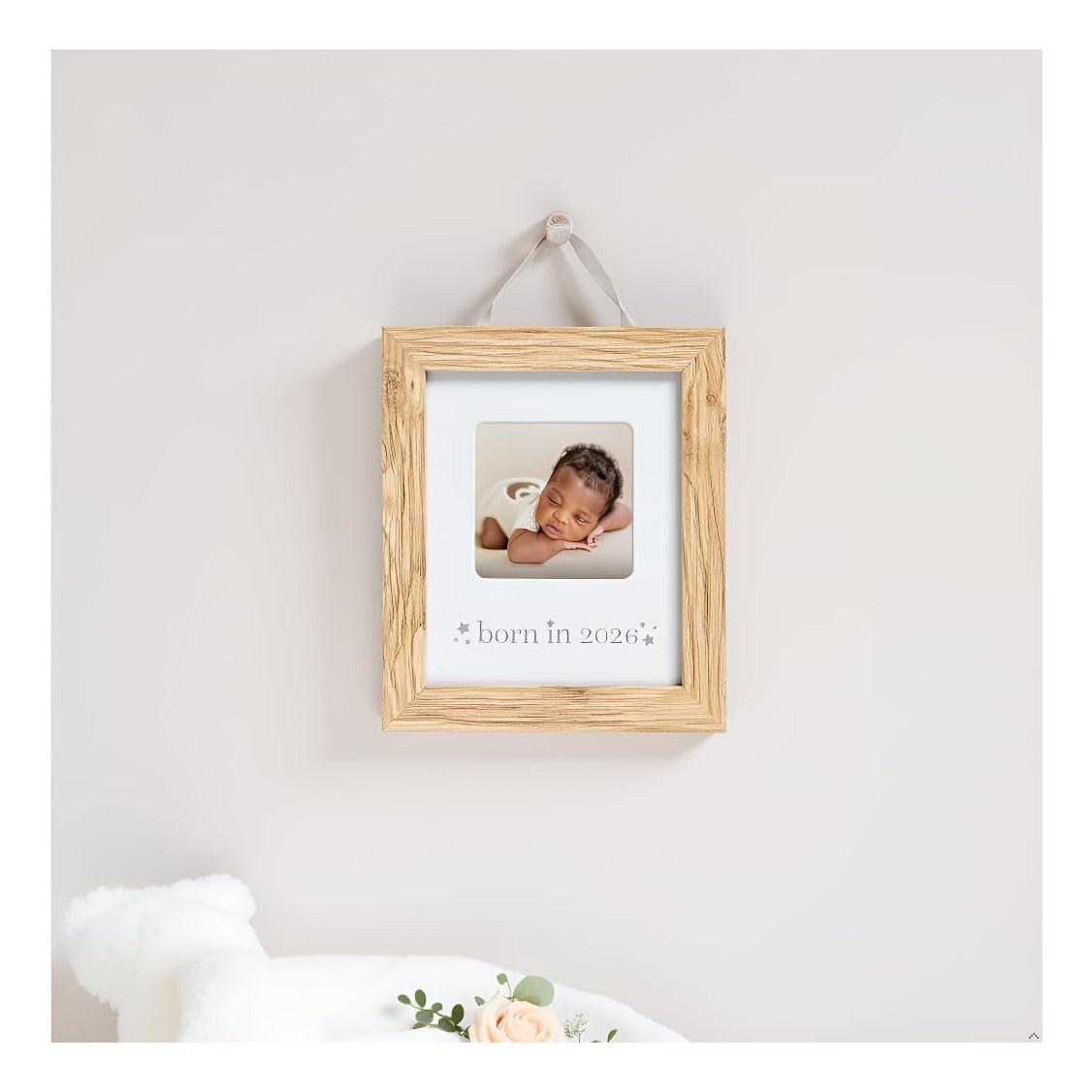 Born in 2026 Baby Picture Frame – Wooden Nursery Keepsake with 3 x 3 Photo Insert, Gender Neutral Newborn Gift & Baby Announcement Décor