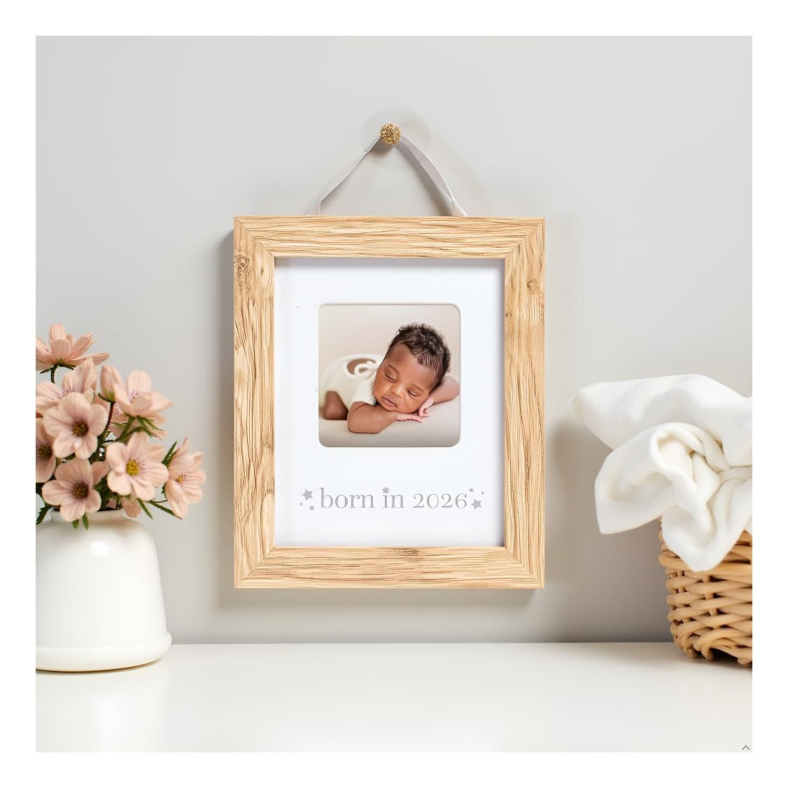 Born in 2026 Baby Picture Frame – Wooden Nursery Keepsake with 3 x 3 Photo Insert, Gender Neutral Newborn Gift & Baby Announcement Décor
