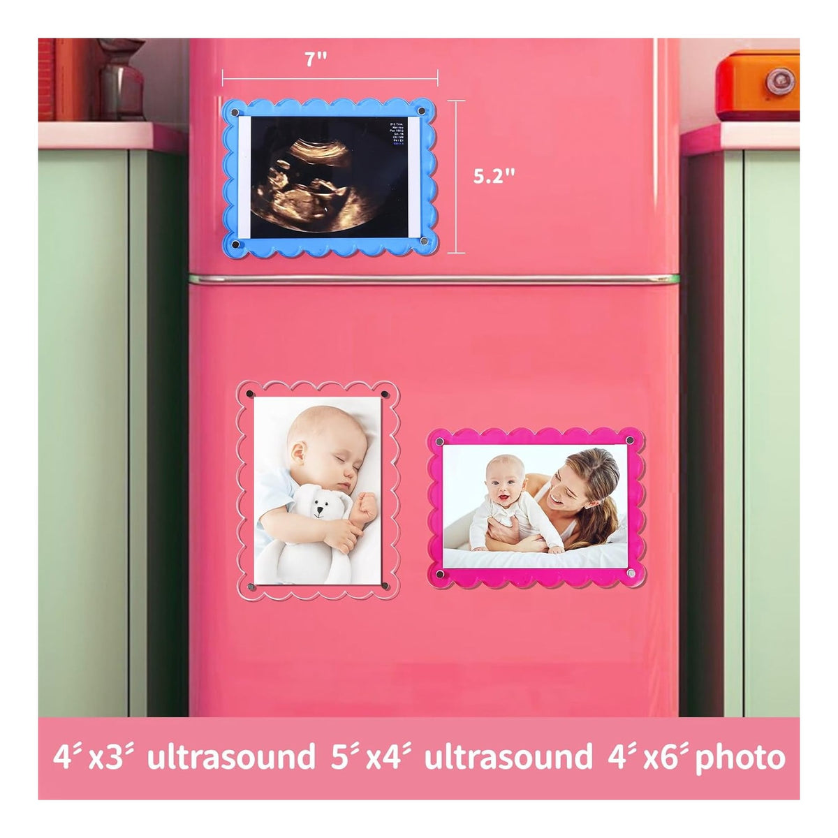 Magnetic Clear Acrylic Scalloped Baby Ultrasound Picture Frame - Sonogram Frame for Refrigerator, Display for Pregnancy Announcement, Gender Reveal & Expecting Parents Gifts(No Stand)
