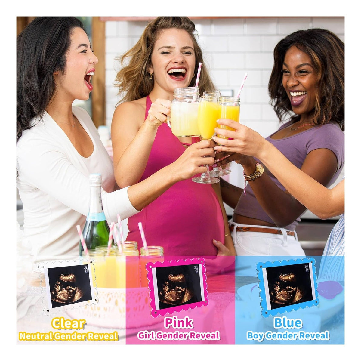 Magnetic Clear Acrylic Scalloped Baby Ultrasound Picture Frame - Sonogram Frame for Refrigerator, Display for Pregnancy Announcement, Gender Reveal & Expecting Parents Gifts(No Stand)
