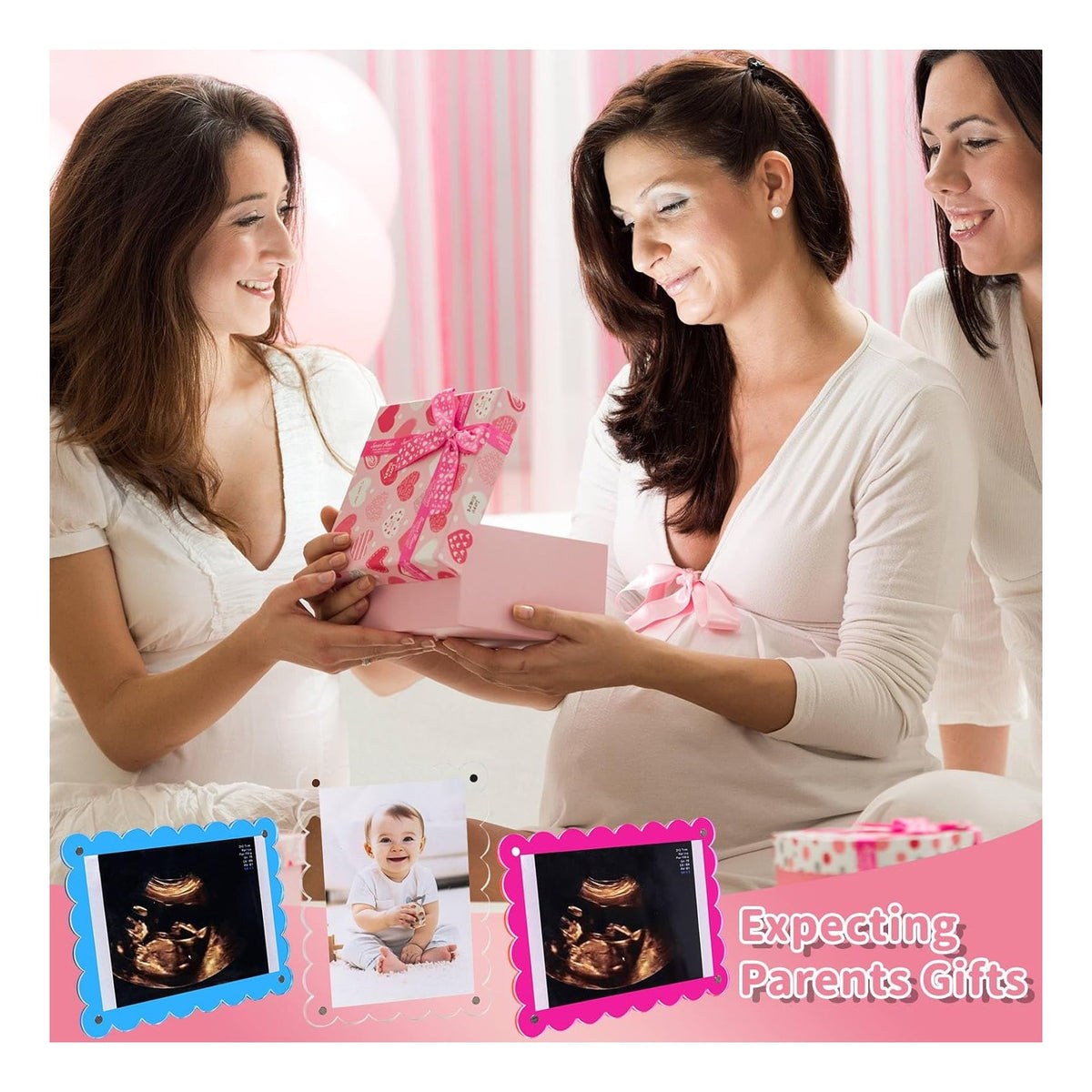 Magnetic Clear Acrylic Scalloped Baby Ultrasound Picture Frame - Sonogram Frame for Refrigerator, Display for Pregnancy Announcement, Gender Reveal & Expecting Parents Gifts(No Stand)