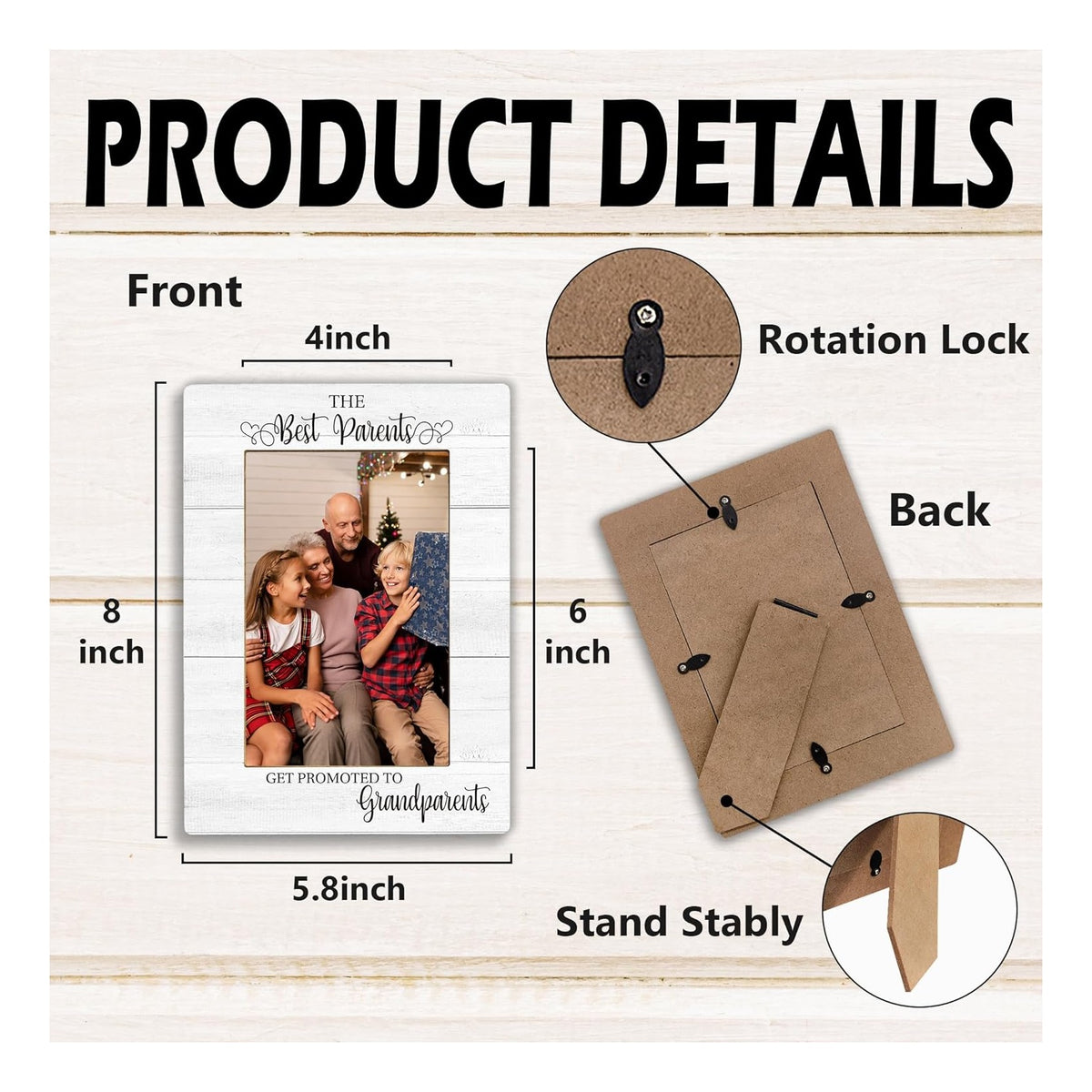 Grandparents Gifts Picture Frame, Mother's Day Gifts for Grandparents Grandma, Pregnancy Announcement Photo Frame 4X6, The Best Parents Wooden Photo Picture Frames For Desk Tabletop Decor