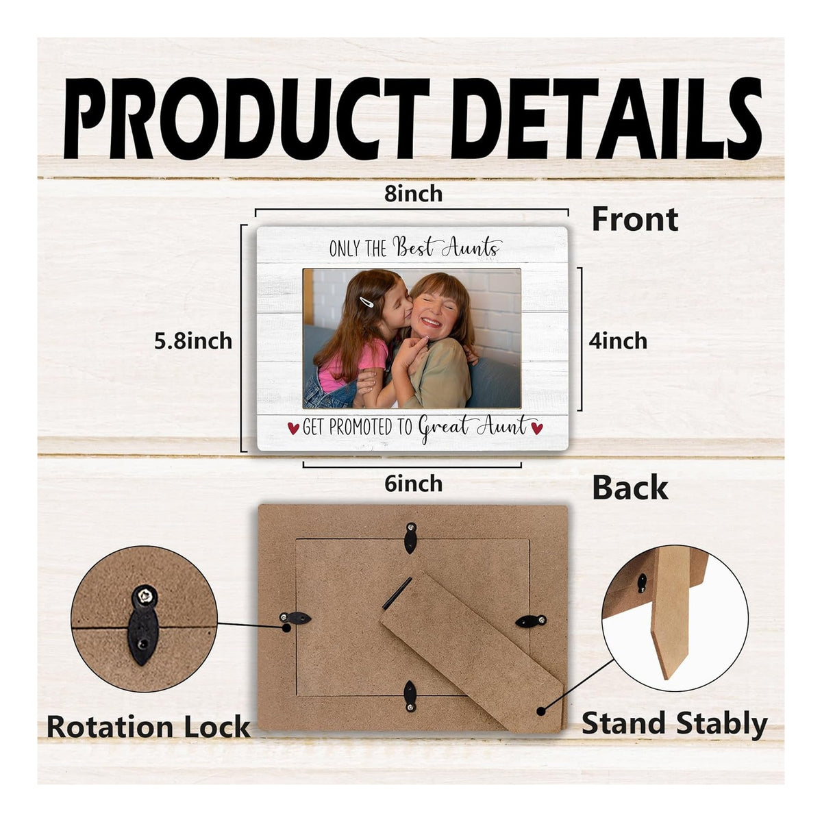 Aunt Picture Frame, Mother's Day Gifts for Aunts Great Aunt, Pregnancy Announcement Photo Frame 4X6, Promoted to Great Aunt Mothers Day Wooden Photo Picture Frames for Desk Tabletop Decor