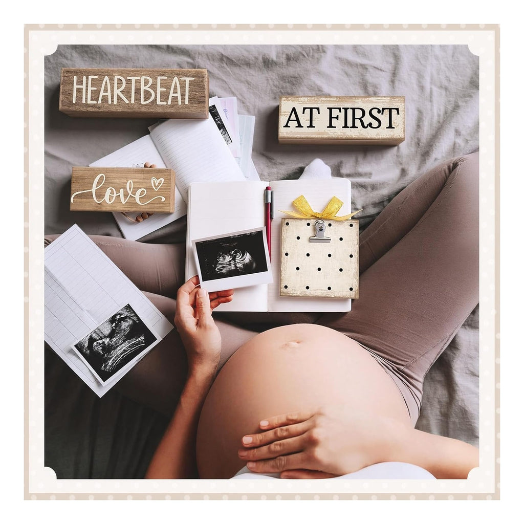4 Pcs Ultrasound Picture Frame Gender Reveal Gifts for Parents Wooden Sonogram Pregnancy Keepsake Love at First Heartbeat Baby Shower Gifts for First Mothers Day Nursery Decor