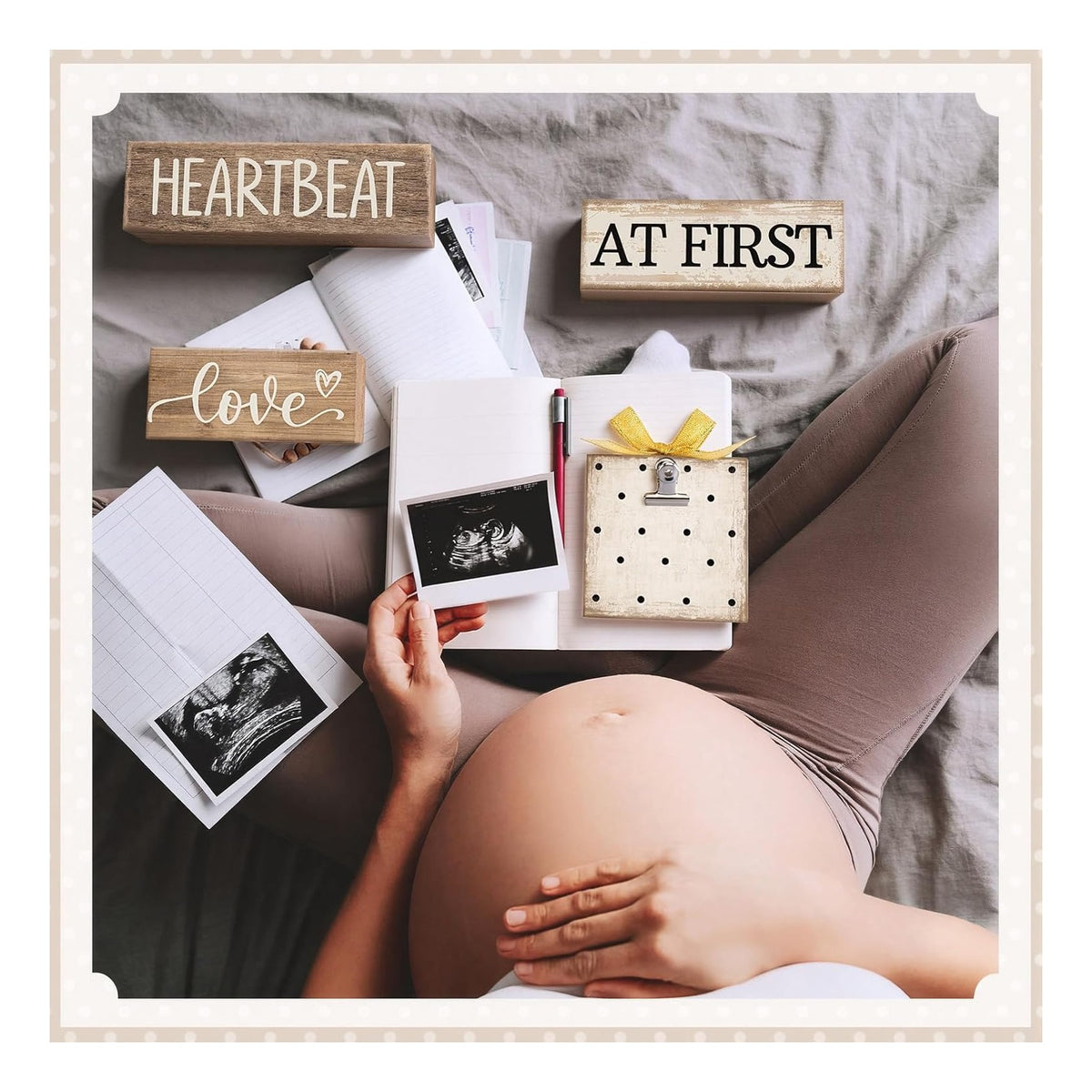 4 Pcs Ultrasound Picture Frame Gender Reveal Gifts for Parents Wooden Sonogram Pregnancy Keepsake Love at First Heartbeat Baby Shower Gifts for First Mothers Day Nursery Decor
