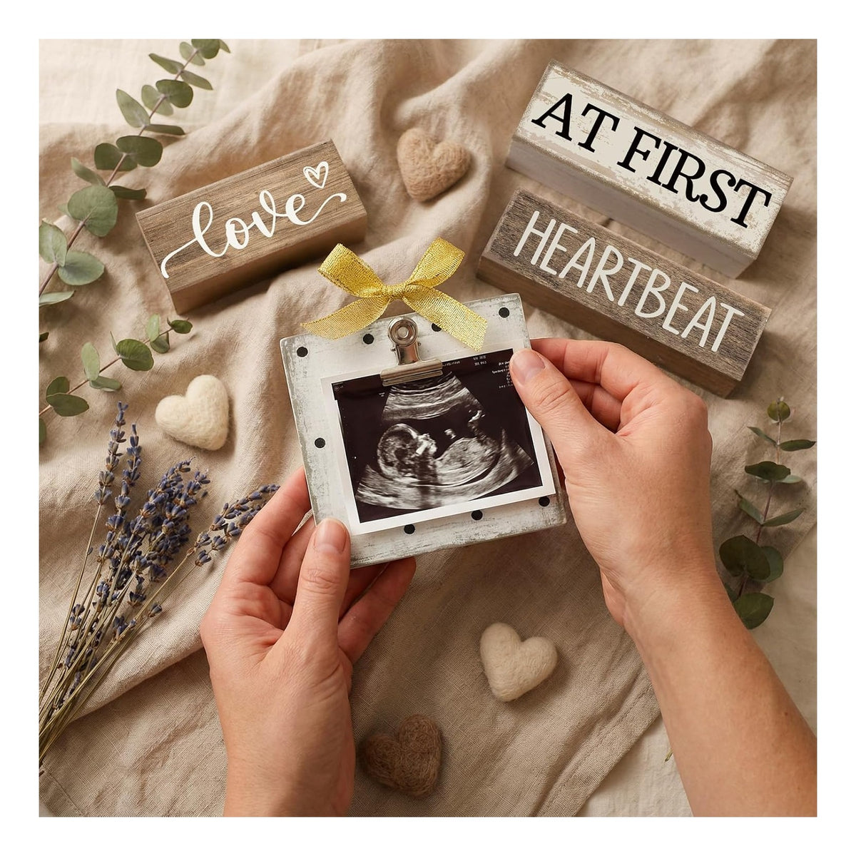 4 Pcs Ultrasound Picture Frame Gender Reveal Gifts for Parents Wooden Sonogram Pregnancy Keepsake Love at First Heartbeat Baby Shower Gifts for First Mothers Day Nursery Decor