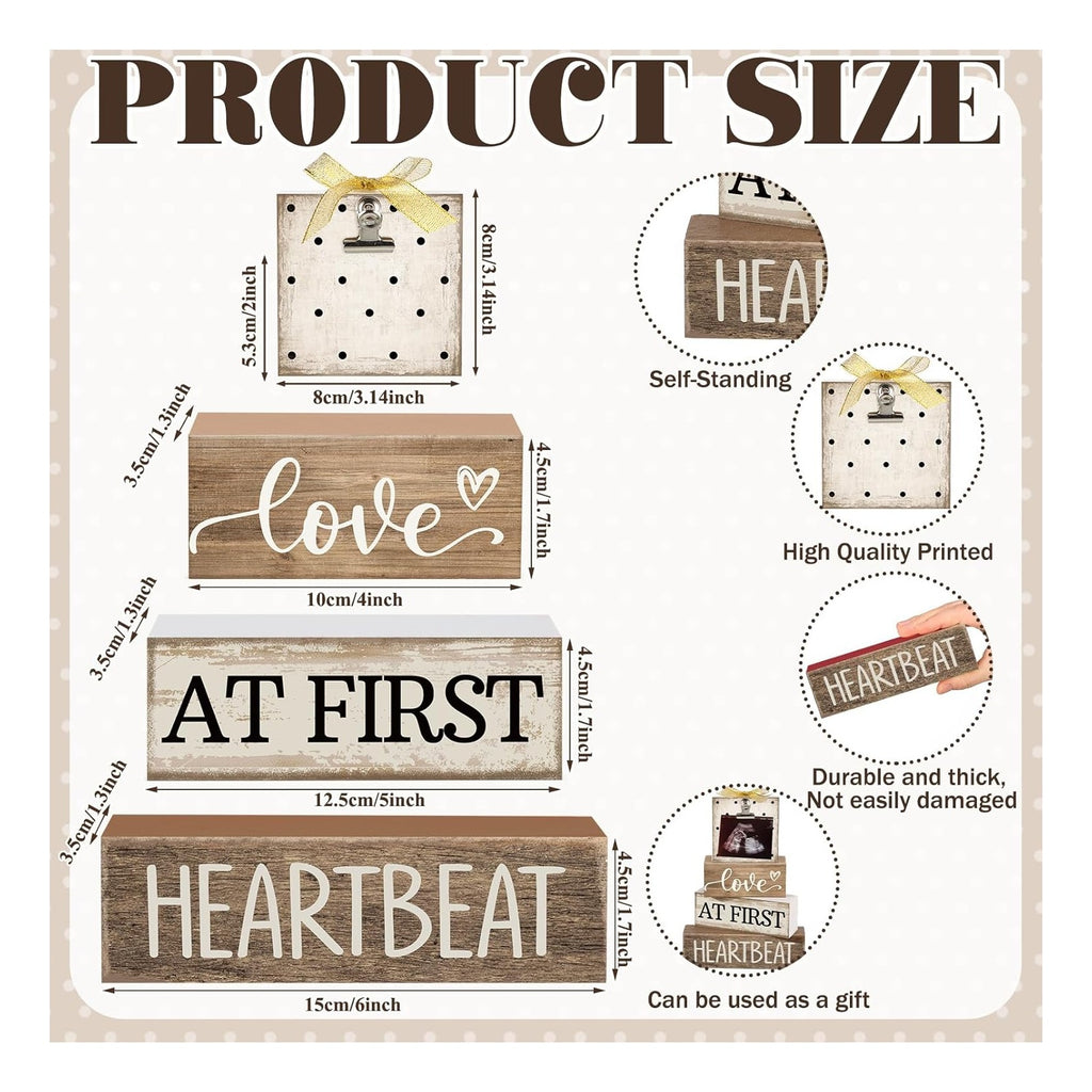 4 Pcs Ultrasound Picture Frame Gender Reveal Gifts for Parents Wooden Sonogram Pregnancy Keepsake Love at First Heartbeat Baby Shower Gifts for First Mothers Day Nursery Decor