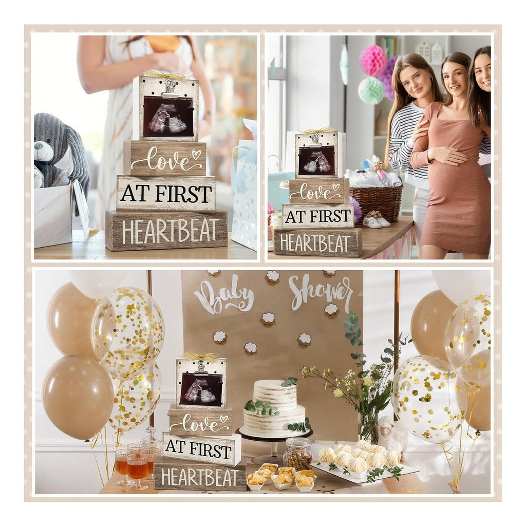 4 Pcs Ultrasound Picture Frame Gender Reveal Gifts for Parents Wooden Sonogram Pregnancy Keepsake Love at First Heartbeat Baby Shower Gifts for First Mothers Day Nursery Decor