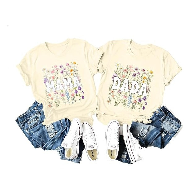 Mom and Dad Matching Shirts Floral Mama Tshirt for Women Pregnancy Announcement T-Shirt Vintage Flowers Mom Shirt