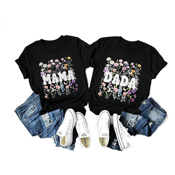 Mom and Dad Matching Shirts Floral Mama Tshirt for Women Pregnancy Announcement T-Shirt Vintage Flowers Mom Shirt