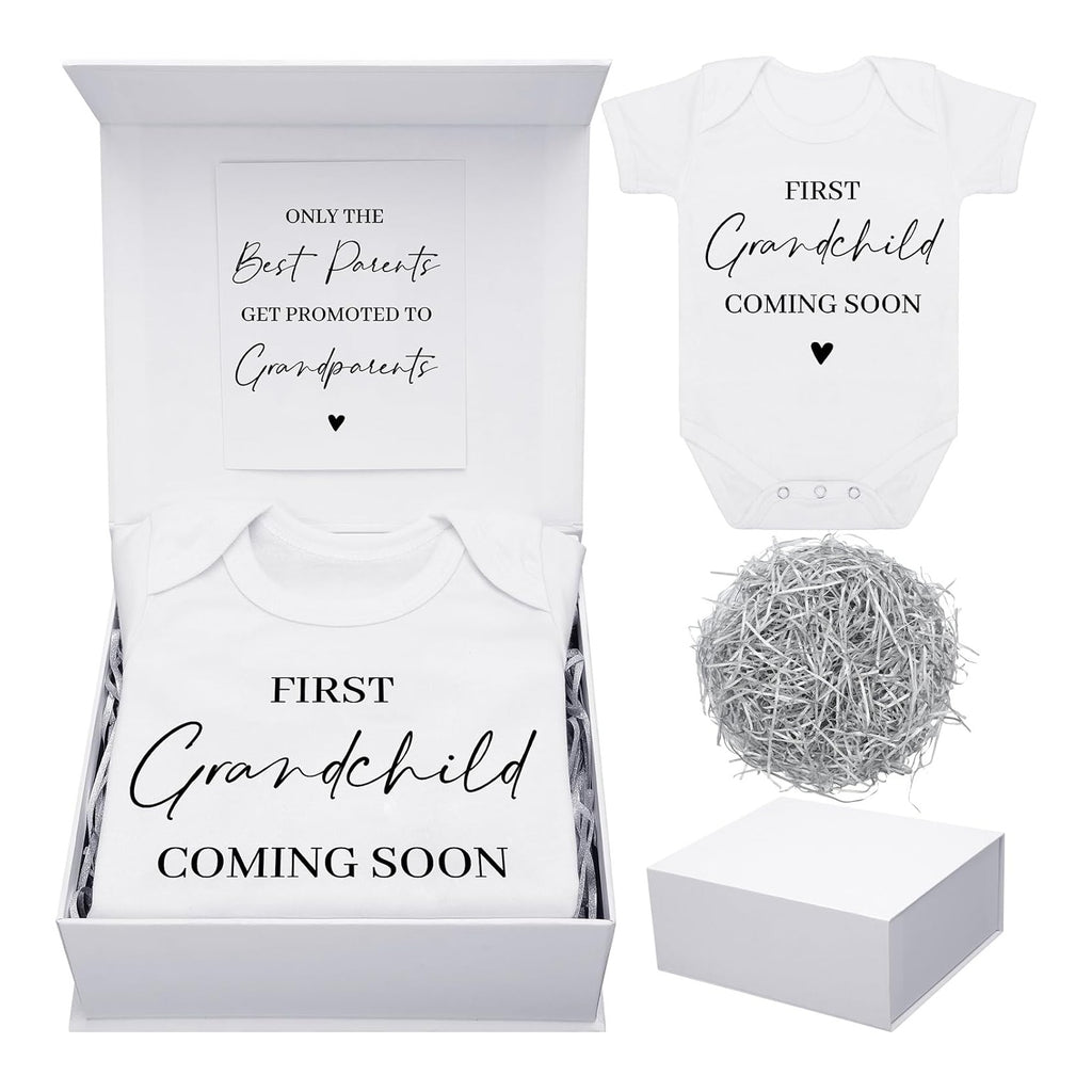 4 Pcs Pregnancy Announcement for Grandparents, First Grandchild Coming Soon Baby Bodysuit, Grandparents Pregnancy Reveal Card Baby Reveal Gift Box Baby Announcement Gifts Set for Grandparents