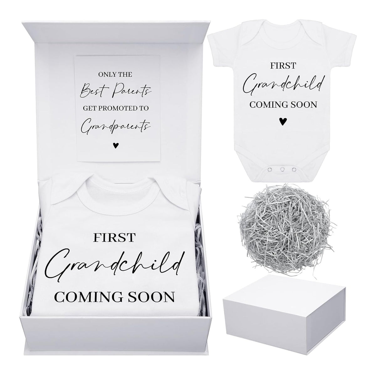 4 Pcs Pregnancy Announcement for Grandparents, First Grandchild Coming Soon Baby Bodysuit, Grandparents Pregnancy Reveal Card Baby Reveal Gift Box Baby Announcement Gifts Set for Grandparents