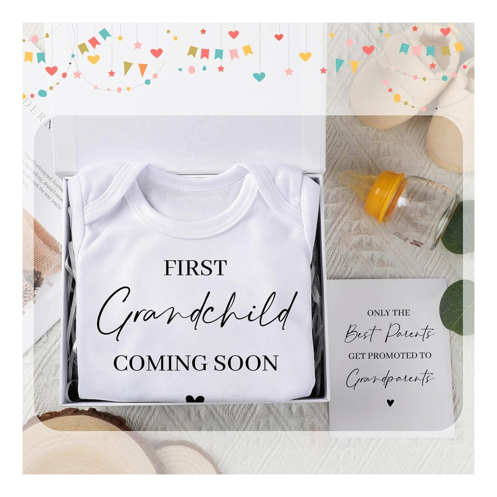 4 Pcs Pregnancy Announcement for Grandparents, First Grandchild Coming Soon Baby Bodysuit, Grandparents Pregnancy Reveal Card Baby Reveal Gift Box Baby Announcement Gifts Set for Grandparents