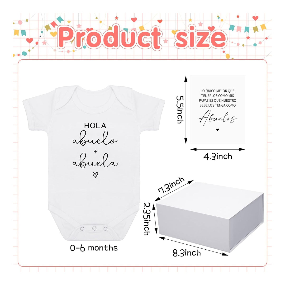 4 Pcs Pregnancy Announcement for Abuelos, Hola Abuelos Baby Bodysuit Pregnancy Reveal Card Baby Announcement Gift Box with Gifts Set