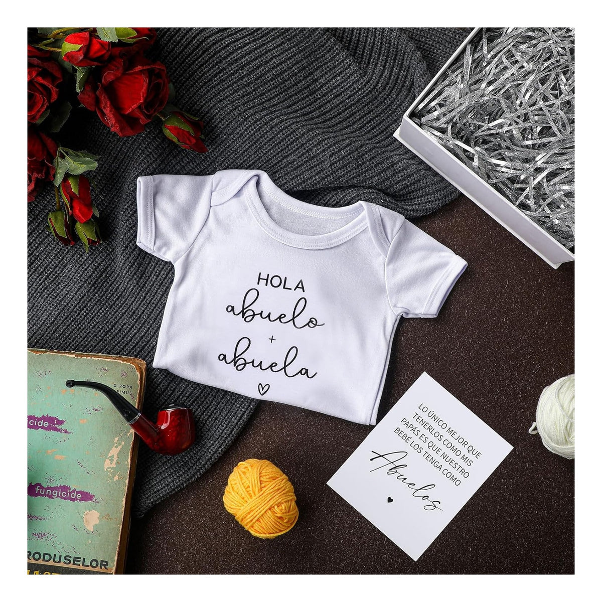 4 Pcs Pregnancy Announcement for Abuelos, Hola Abuelos Baby Bodysuit Pregnancy Reveal Card Baby Announcement Gift Box with Gifts Set