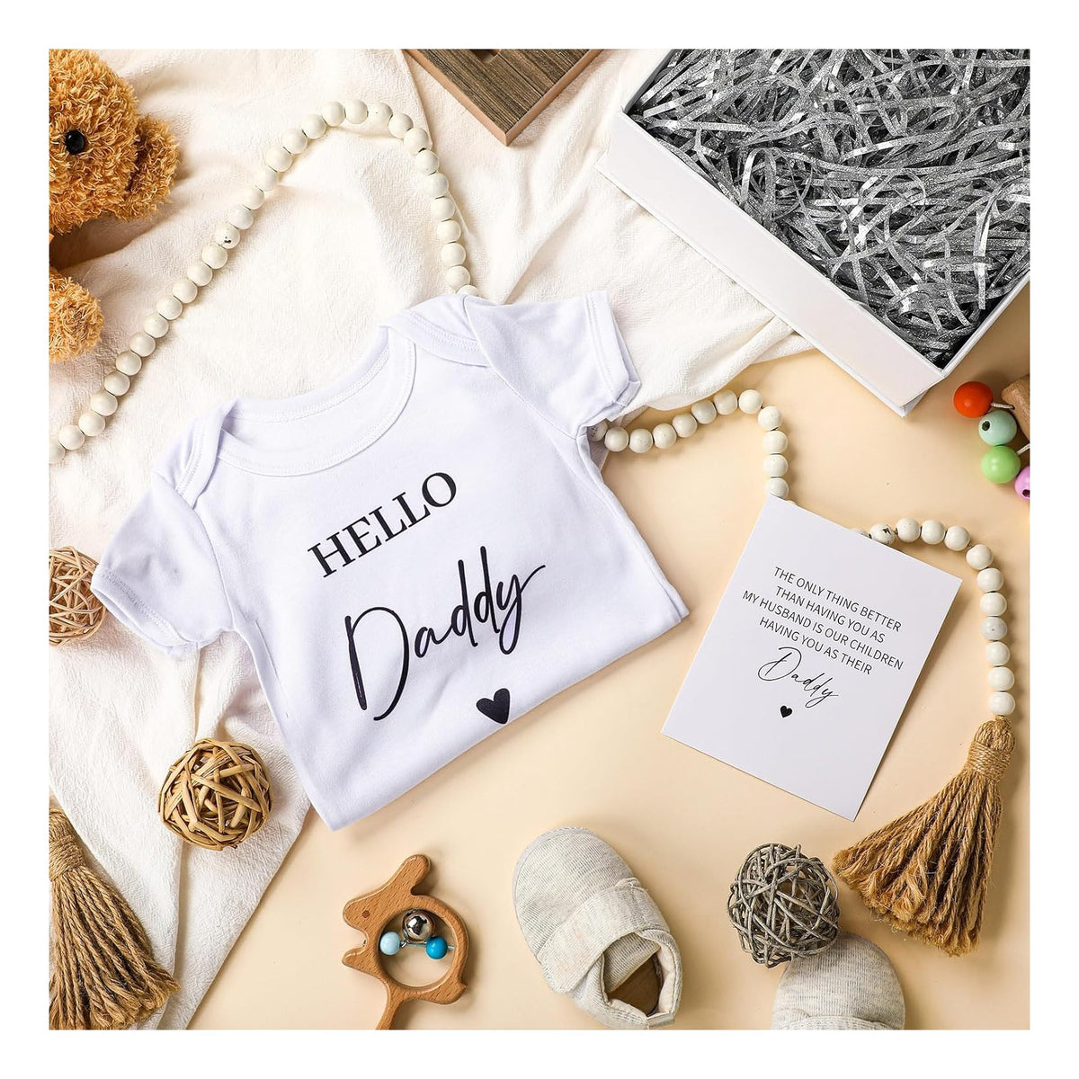 4 Pcs Pregnancy Announcement for Husband, Hello Daddy Baby Bodysuit, Hello Daddy Pregnancy Reveal Card Baby Reveal Gift Box Baby Announcement Gifts Set for Husband Partner