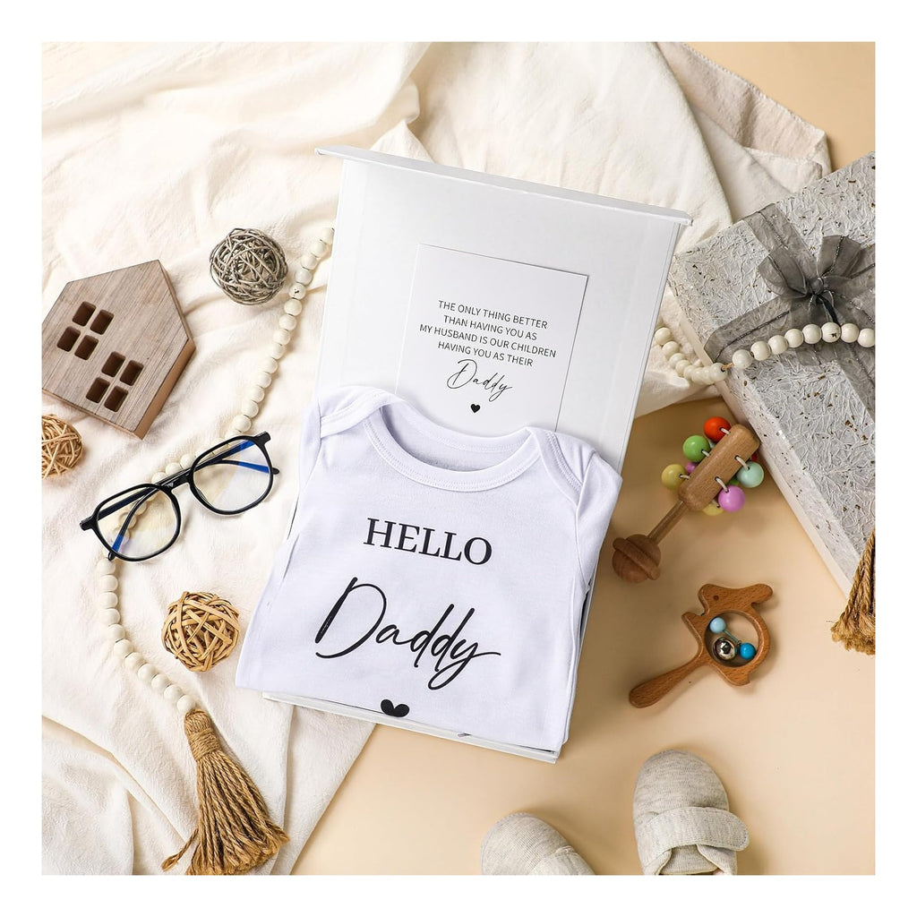 4 Pcs Pregnancy Announcement for Husband, Hello Daddy Baby Bodysuit, Hello Daddy Pregnancy Reveal Card Baby Reveal Gift Box Baby Announcement Gifts Set for Husband Partner