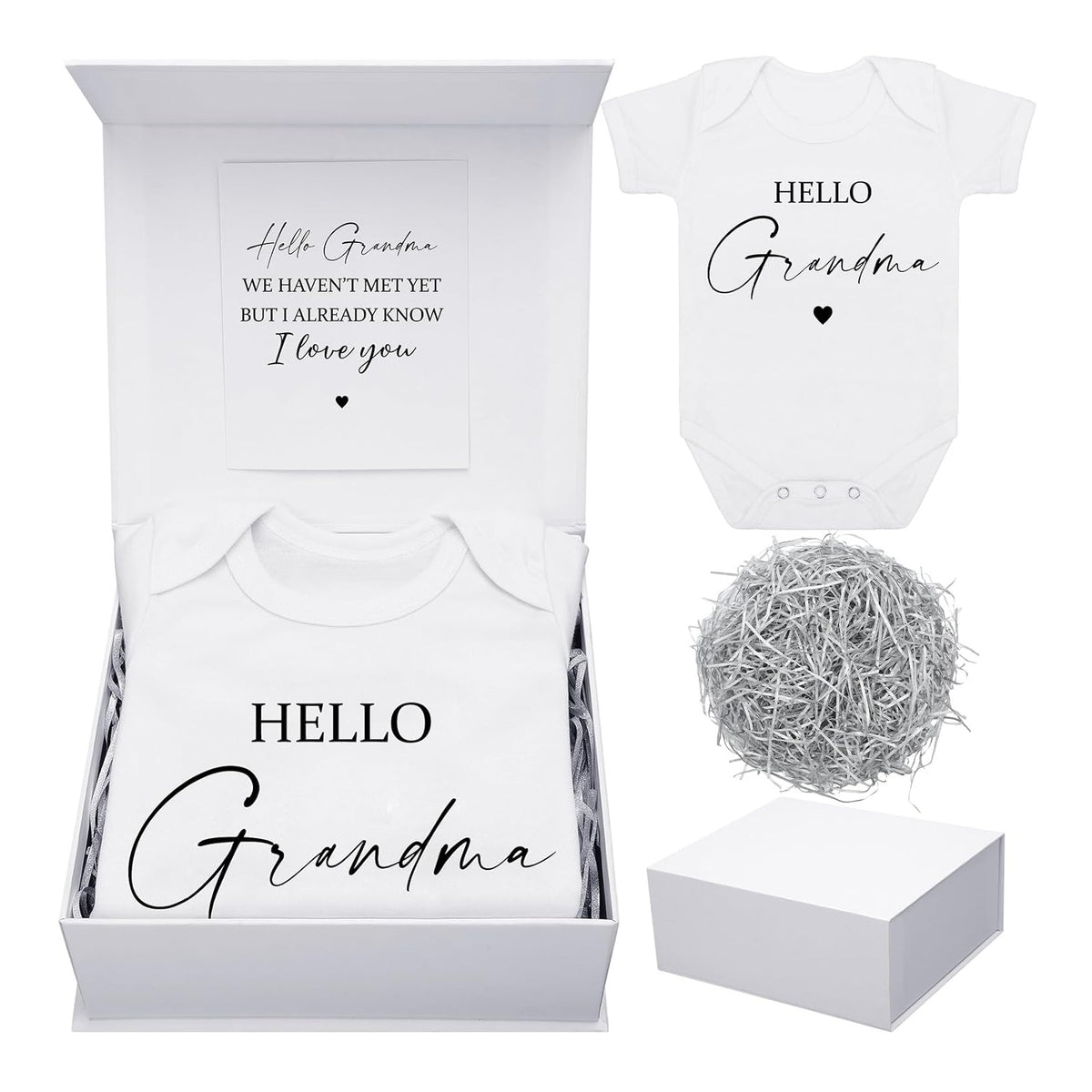 4 Pcs Pregnancy Announcement for Grandma, Hello Grandma Baby Bodysuit, Hello Grandma Pregnancy Reveal Card Baby Reveal Gift Box Baby Announcement Gifts Set for Grandma