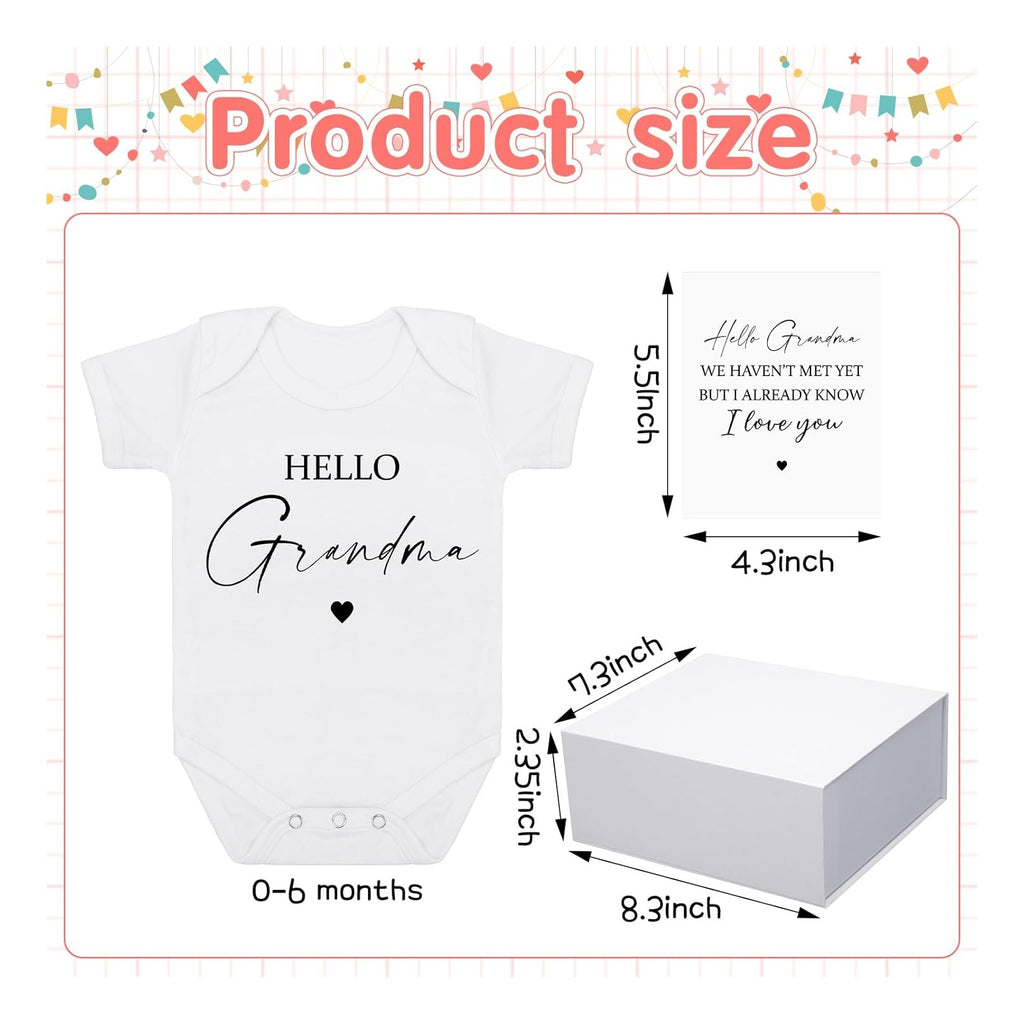 4 Pcs Pregnancy Announcement for Grandma, Hello Grandma Baby Bodysuit, Hello Grandma Pregnancy Reveal Card Baby Reveal Gift Box Baby Announcement Gifts Set for Grandma