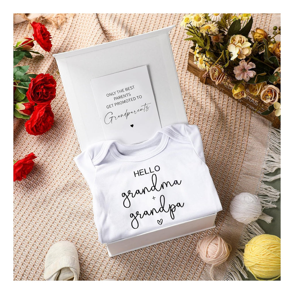 4 Pcs Pregnancy Announcement for Grandparents, Hello Grandpa Grandma Baby Bodysuit, Hello Grandparents Pregnancy Reveal Card Baby Reveal Gift Box Baby Announcement Gifts Set for Grandparents