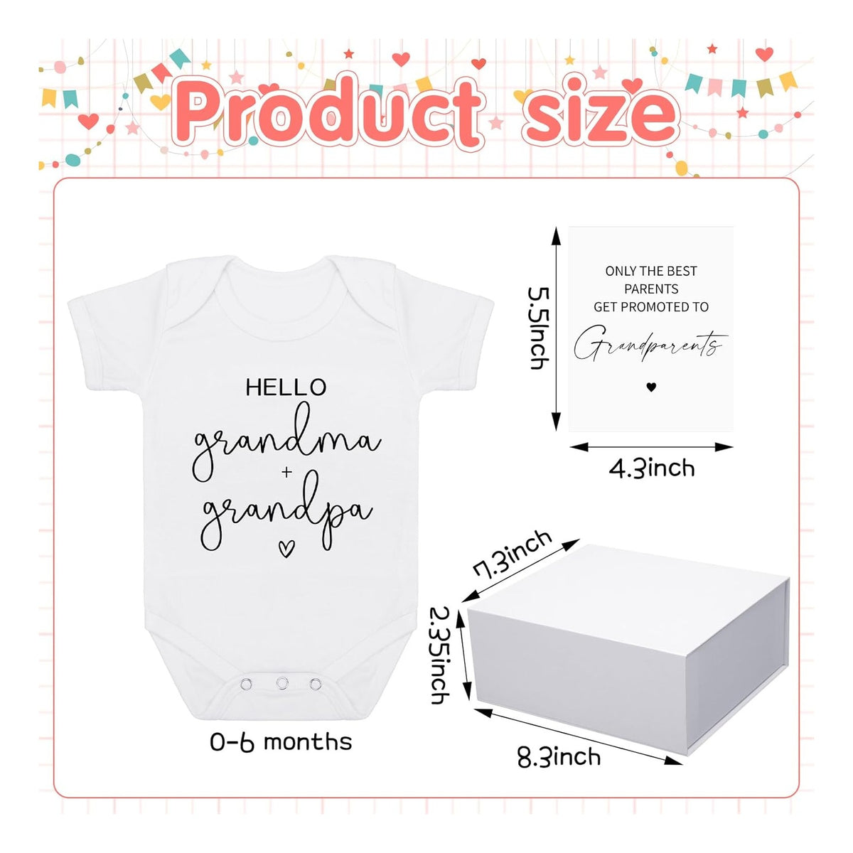 4 Pcs Pregnancy Announcement for Grandparents, Hello Grandpa Grandma Baby Bodysuit, Hello Grandparents Pregnancy Reveal Card Baby Reveal Gift Box Baby Announcement Gifts Set for Grandparents