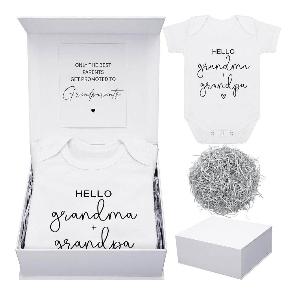 4 Pcs Pregnancy Announcement for Grandparents, Hello Grandpa Grandma Baby Bodysuit, Hello Grandparents Pregnancy Reveal Card Baby Reveal Gift Box Baby Announcement Gifts Set for Grandparents