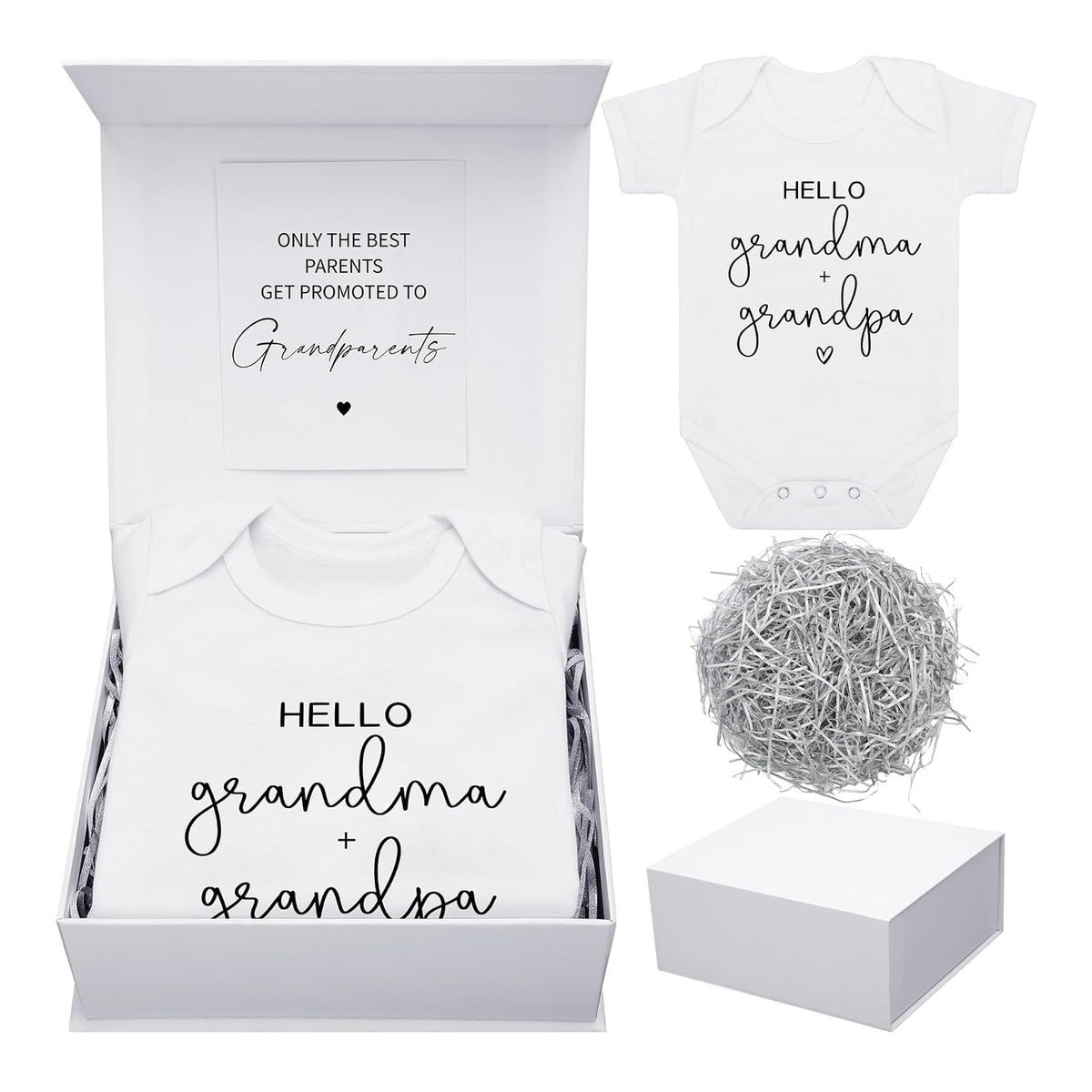 4 Pcs Pregnancy Announcement for Grandparents, Hello Grandpa Grandma Baby Bodysuit, Hello Grandparents Pregnancy Reveal Card Baby Reveal Gift Box Baby Announcement Gifts Set for Grandparents