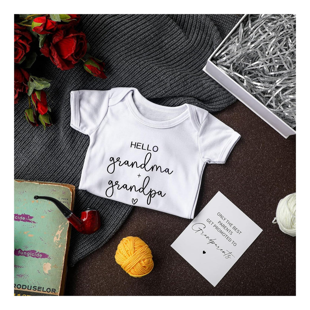4 Pcs Pregnancy Announcement for Grandparents, Hello Grandpa Grandma Baby Bodysuit, Hello Grandparents Pregnancy Reveal Card Baby Reveal Gift Box Baby Announcement Gifts Set for Grandparents
