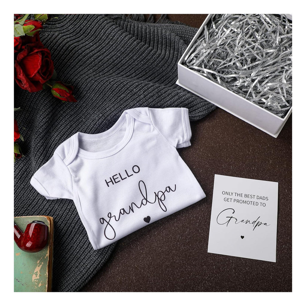 4 Pcs Pregnancy Announcement for Grandpa, Hello Grandpa Baby Bodysuit, Grandpa Pregnancy Reveal Card Baby Reveal Gift Box Baby Announcement Gifts Set for Grandpa