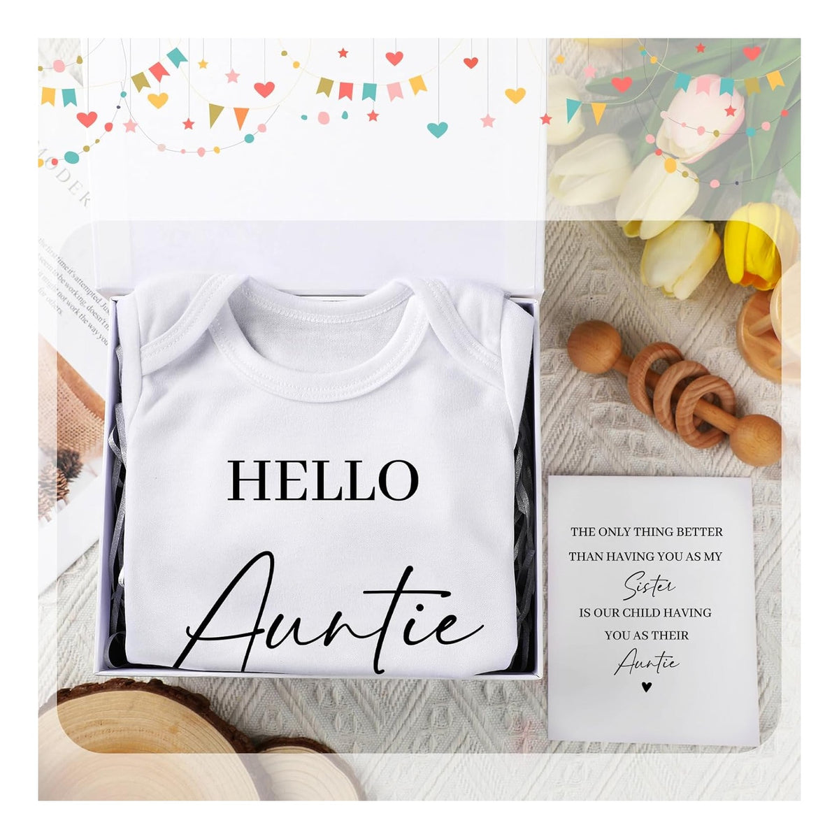 4 Pcs Pregnancy Announcement for Aunt, Hello Auntie Baby Bodysuit, Hello Auntie Pregnancy Reveal Card Baby Reveal Gift Box Baby Announcement Gifts Set for Aunt Women