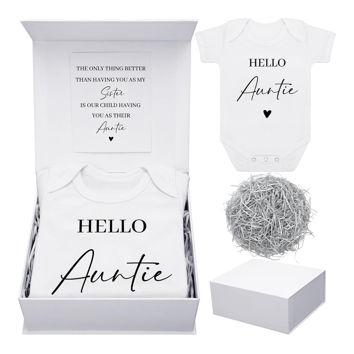 4 Pcs Pregnancy Announcement for Aunt, Hello Auntie Baby Bodysuit, Hello Auntie Pregnancy Reveal Card Baby Reveal Gift Box Baby Announcement Gifts Set for Aunt Women