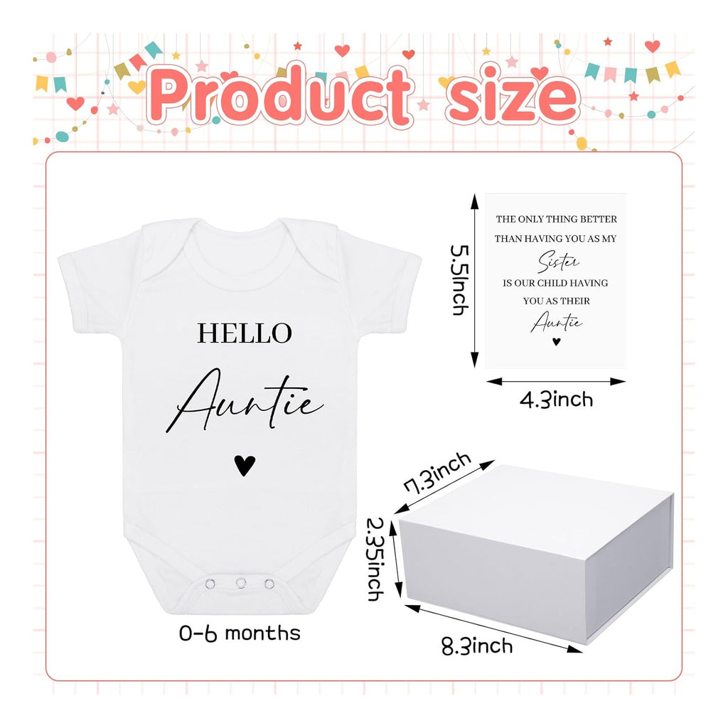 4 Pcs Pregnancy Announcement for Aunt, Hello Auntie Baby Bodysuit, Hello Auntie Pregnancy Reveal Card Baby Reveal Gift Box Baby Announcement Gifts Set for Aunt Women