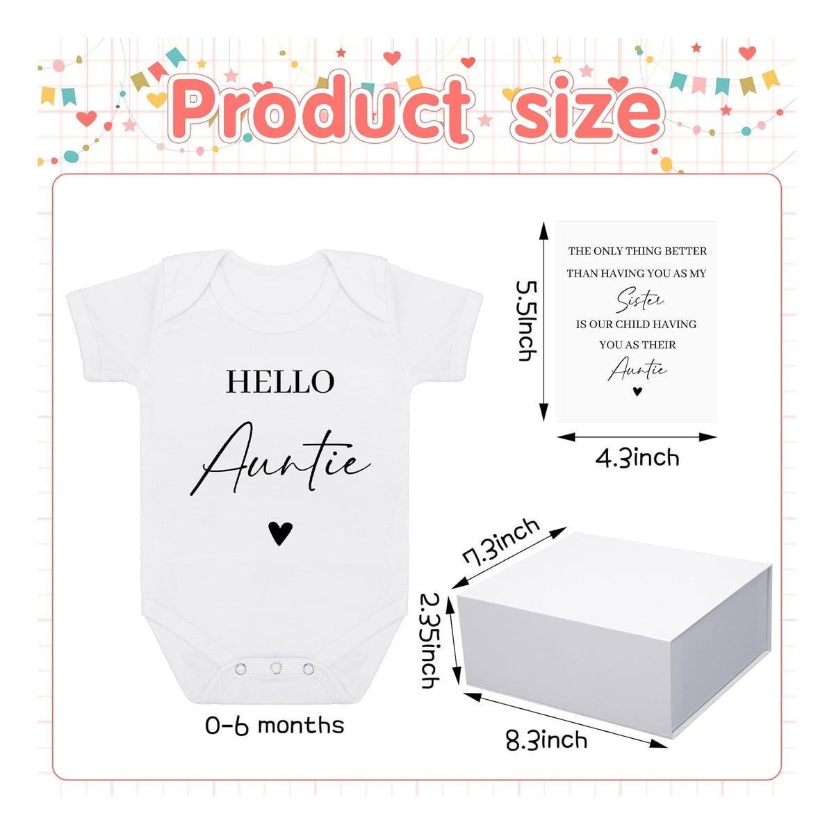 4 Pcs Pregnancy Announcement for Aunt, Hello Auntie Baby Bodysuit, Hello Auntie Pregnancy Reveal Card Baby Reveal Gift Box Baby Announcement Gifts Set for Aunt Women