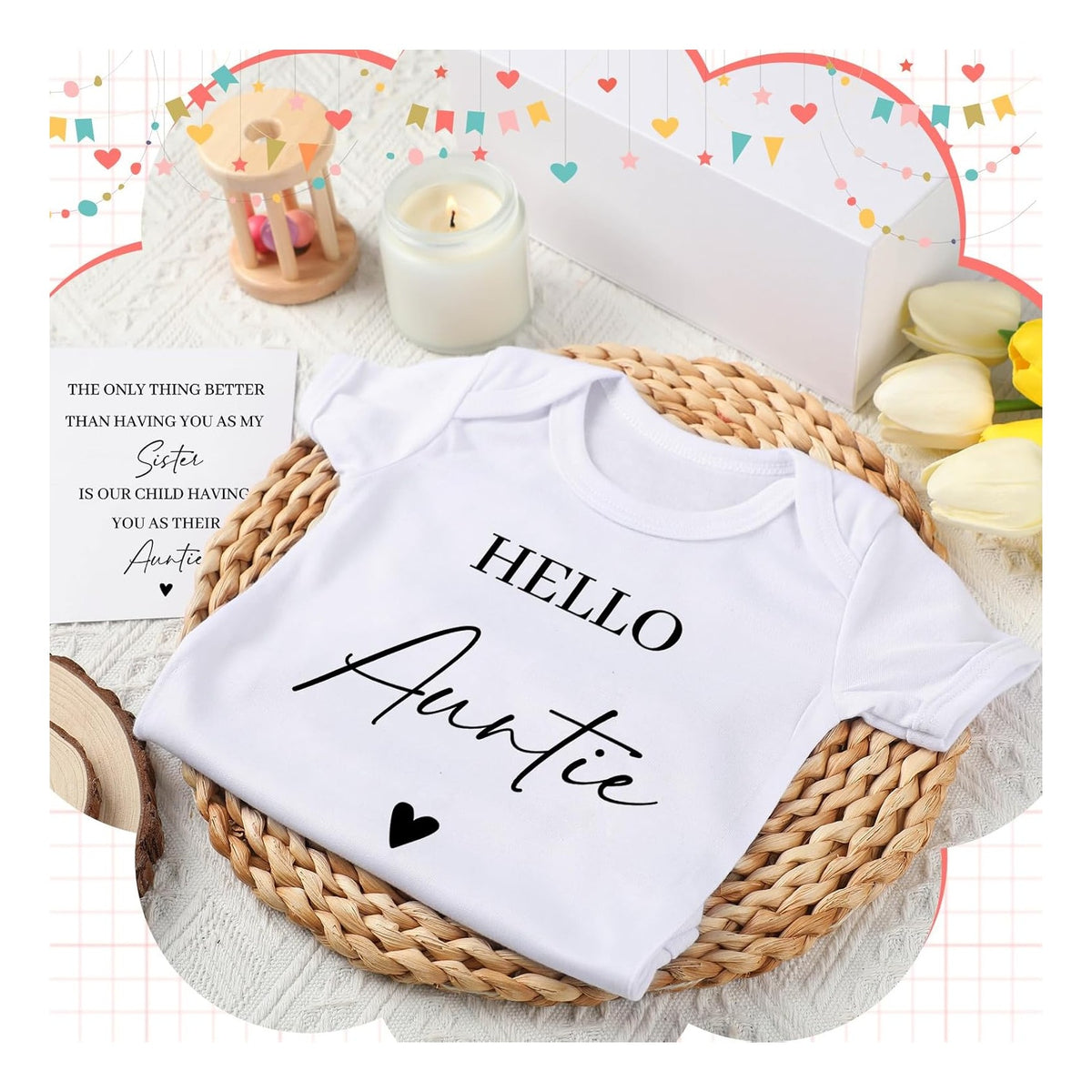 4 Pcs Pregnancy Announcement for Aunt, Hello Auntie Baby Bodysuit, Hello Auntie Pregnancy Reveal Card Baby Reveal Gift Box Baby Announcement Gifts Set for Aunt Women