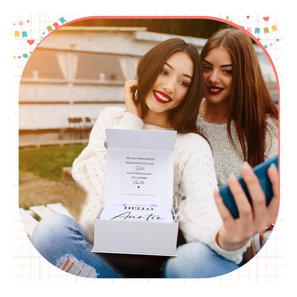 4 Pcs Pregnancy Announcement for Aunt, Hello Auntie Baby Bodysuit, Hello Auntie Pregnancy Reveal Card Baby Reveal Gift Box Baby Announcement Gifts Set for Aunt Women