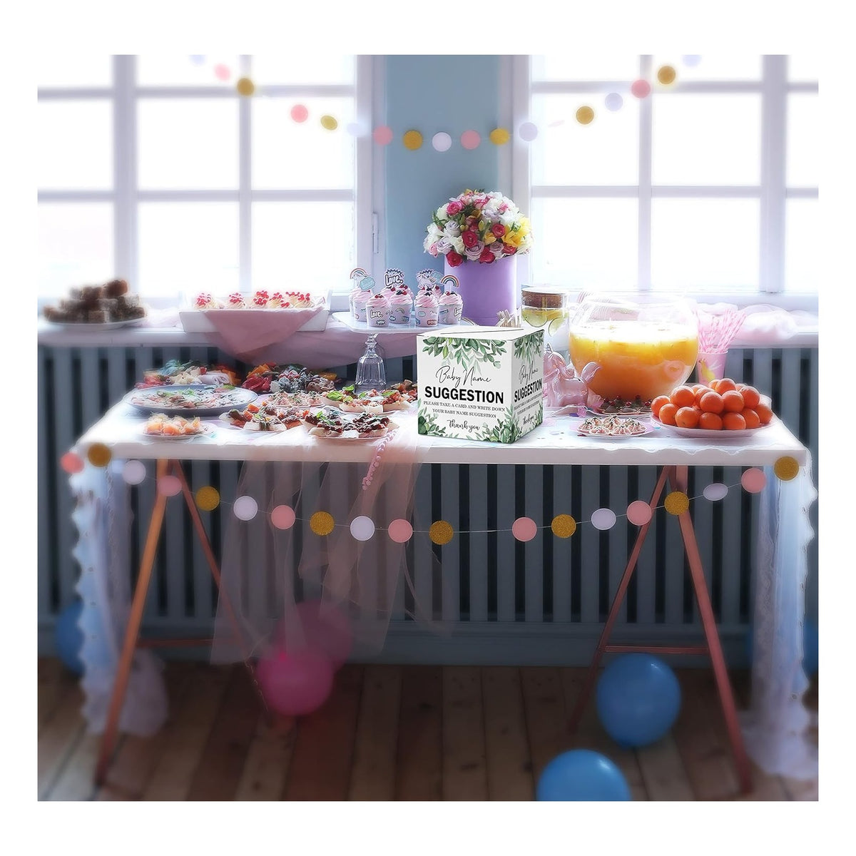 Name Suggestion Tickets For Baby Shower, Little Bear Balloon Themed Baby Shower Card Box and Advice Cards, Party Games Decorations Supplies, 1 Name Suggestion Card Collection Box & 50 Cards
