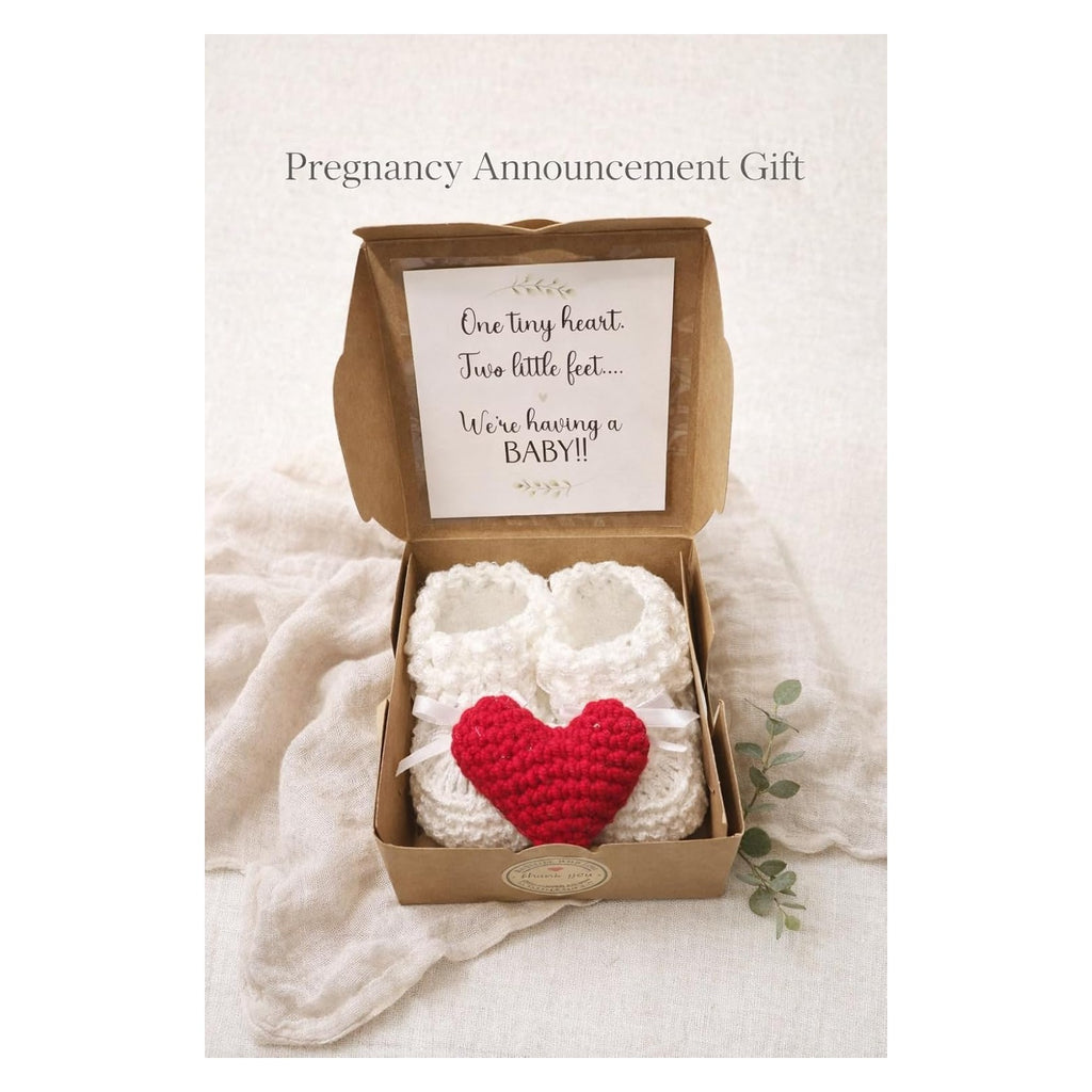 Pregnancy Announcement Gift Box | Crochet Baby Booties & Heart | Grandparents Reveal | Baby Reveal Gift | We’re Having a Baby