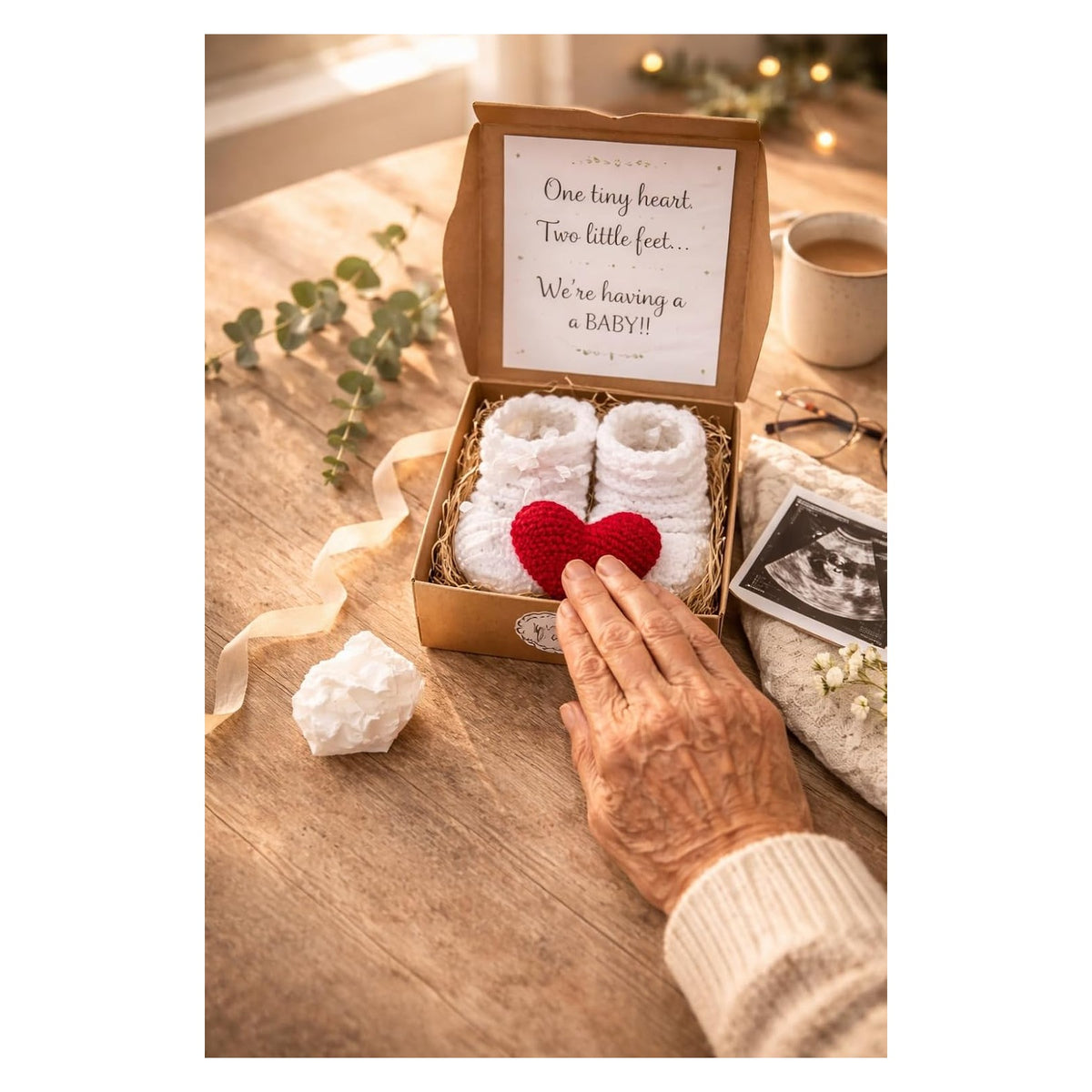 Pregnancy Announcement Gift Box | Crochet Baby Booties & Heart | Grandparents Reveal | Baby Reveal Gift | We’re Having a Baby