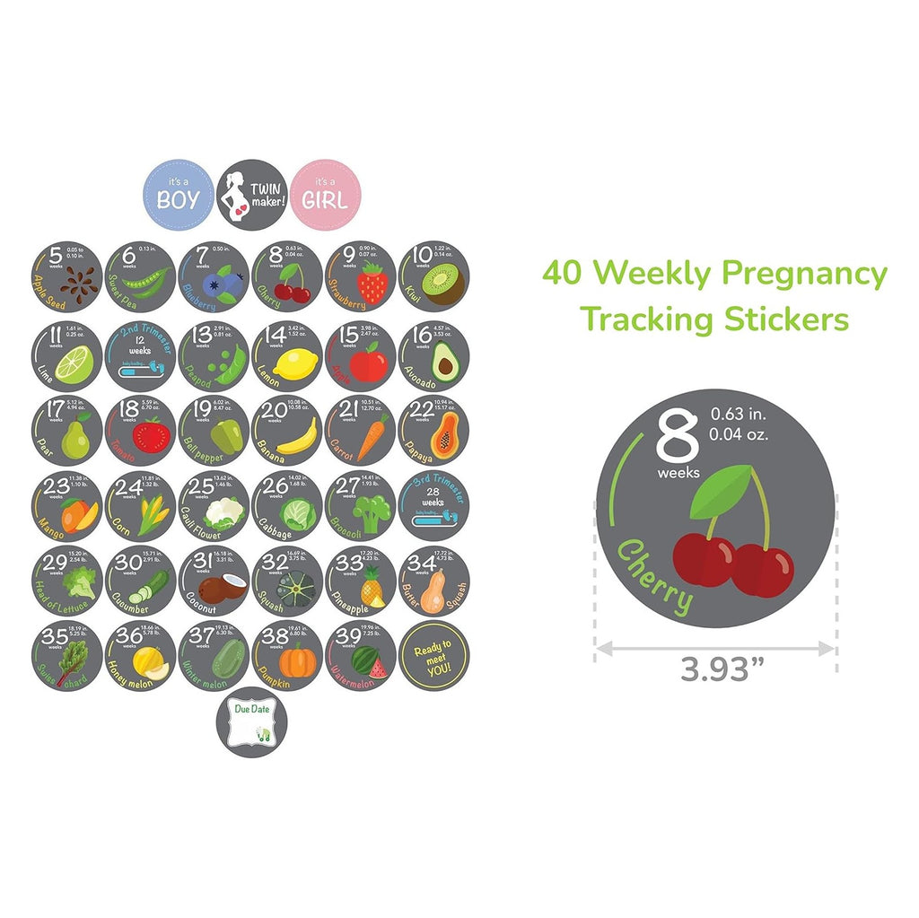 Stickers - 40 Weekly Pregnancy Tracking Stickers – Week 5 to 40 + 4 Bonus – Pregnancy Photo Prop – Fruit 3.93 Inch