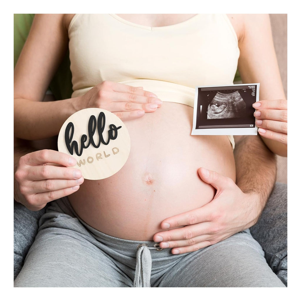 7 Pack 3D Baby Monthly Milestone Card Signs Baby Announcement Sign Double Sided Hello World Newborn Signs Wooden Circles Discs for Welcome Newborn Boy Girl Photo Props