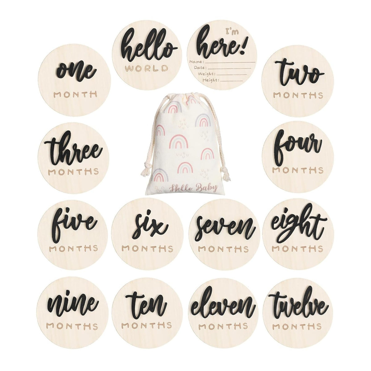7 Pack 3D Baby Monthly Milestone Card Signs Baby Announcement Sign Double Sided Hello World Newborn Signs Wooden Circles Discs for Welcome Newborn Boy Girl Photo Props