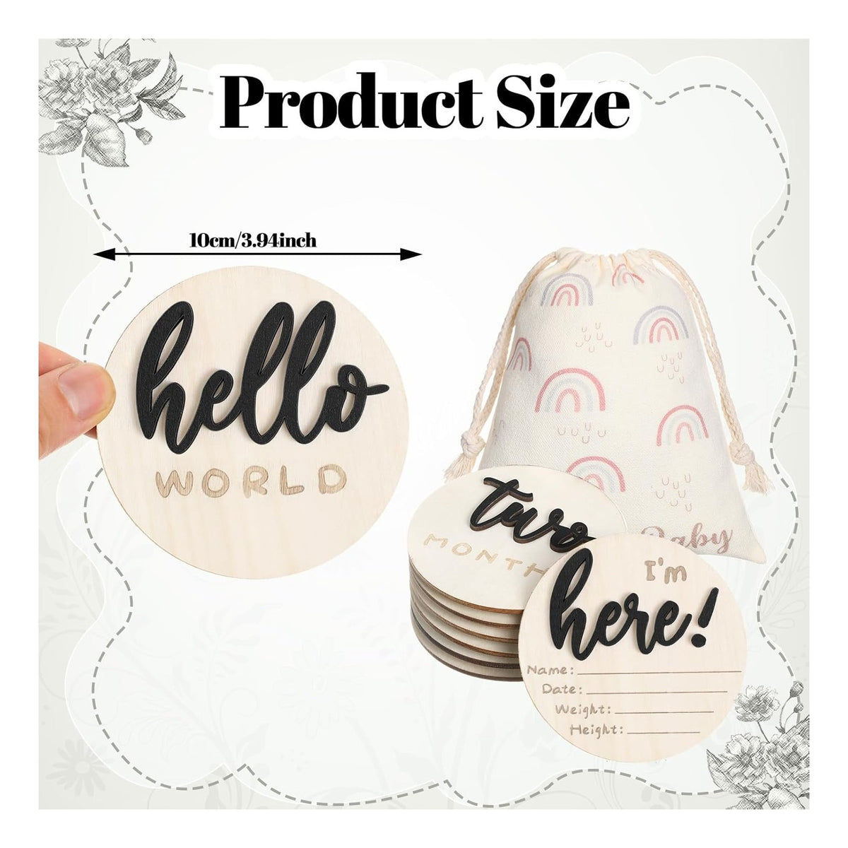 7 Pack 3D Baby Monthly Milestone Card Signs Baby Announcement Sign Double Sided Hello World Newborn Signs Wooden Circles Discs for Welcome Newborn Boy Girl Photo Props