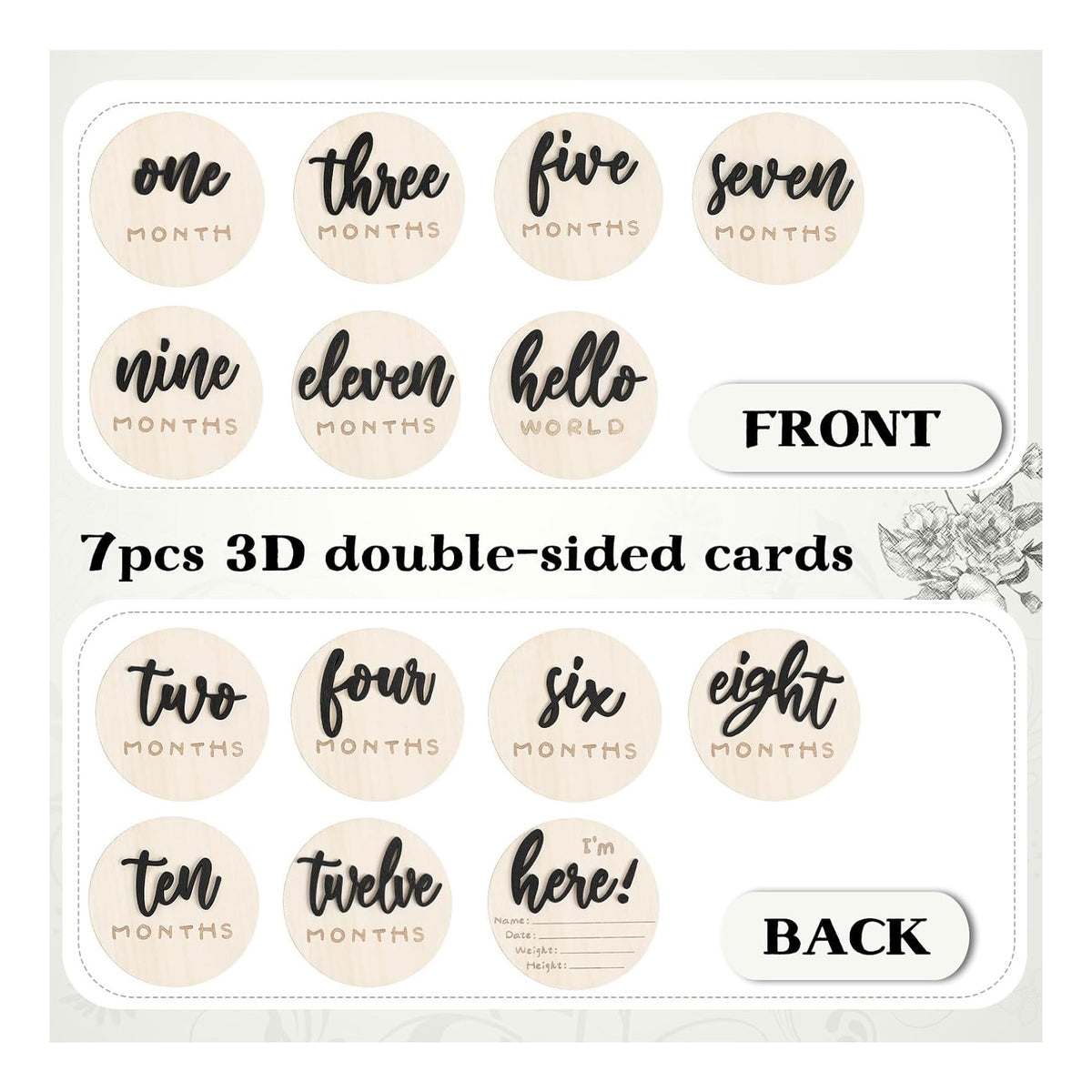 7 Pack 3D Baby Monthly Milestone Card Signs Baby Announcement Sign Double Sided Hello World Newborn Signs Wooden Circles Discs for Welcome Newborn Boy Girl Photo Props