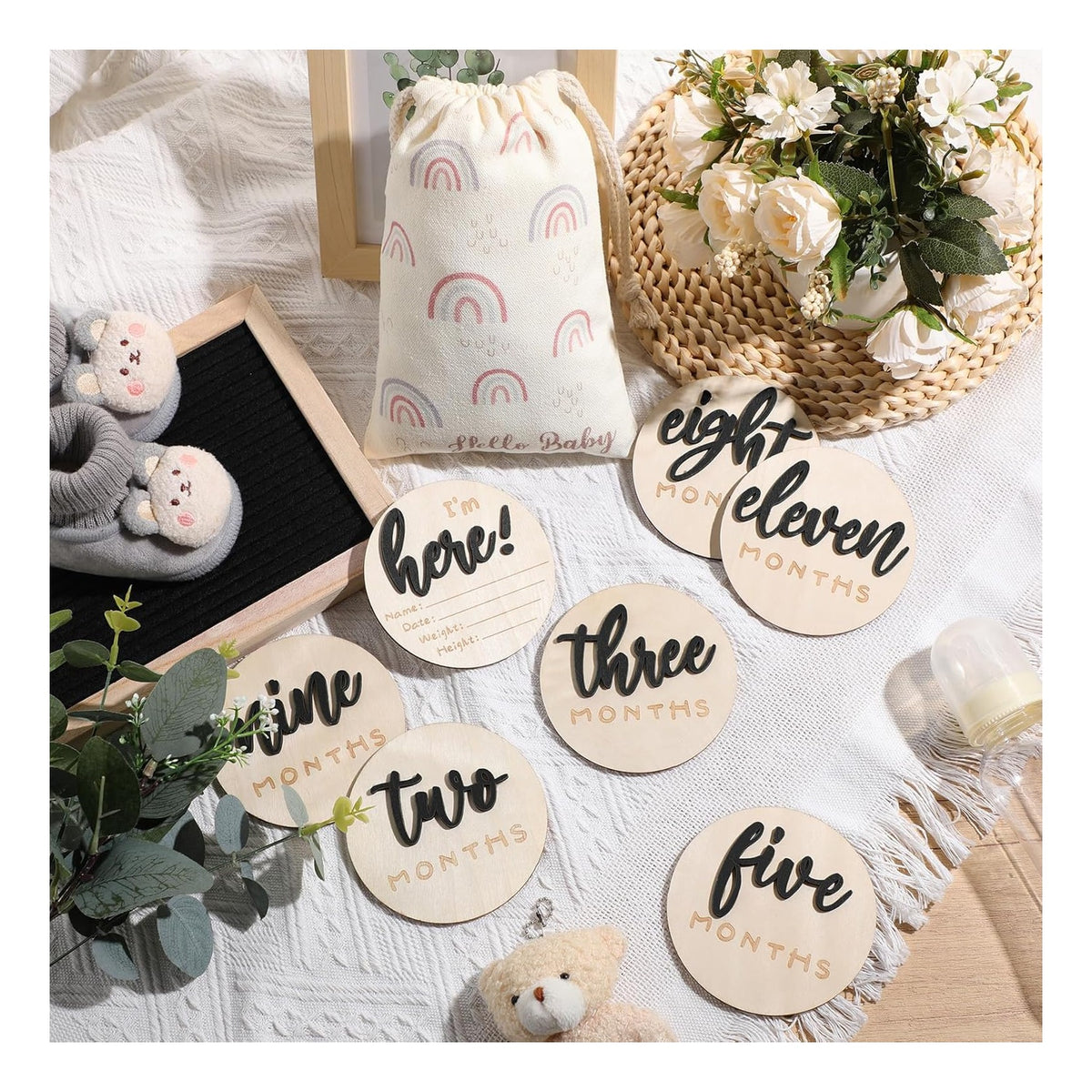 7 Pack 3D Baby Monthly Milestone Card Signs Baby Announcement Sign Double Sided Hello World Newborn Signs Wooden Circles Discs for Welcome Newborn Boy Girl Photo Props